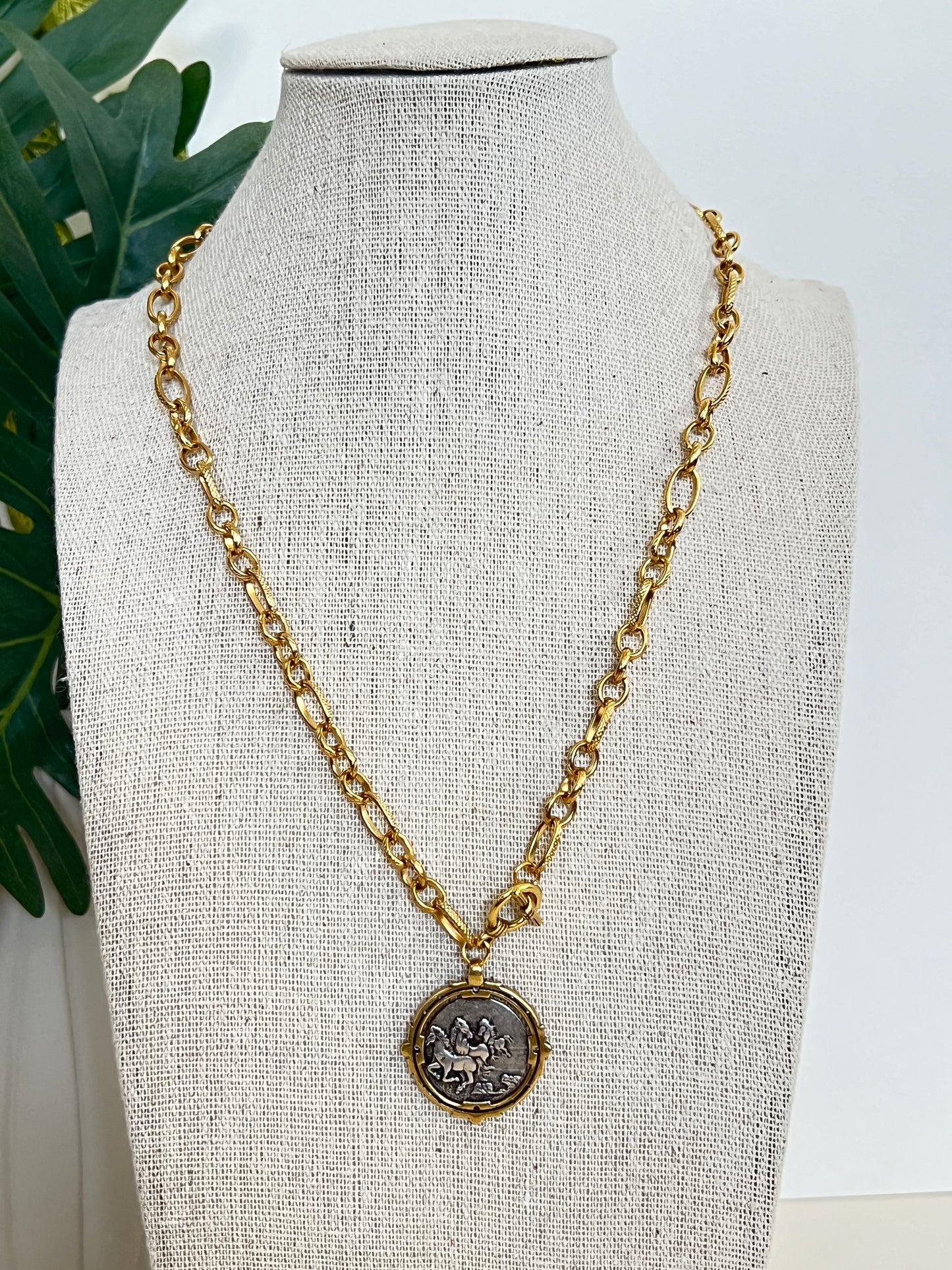 Antique Gold Bronze Medallion Pendant Necklace