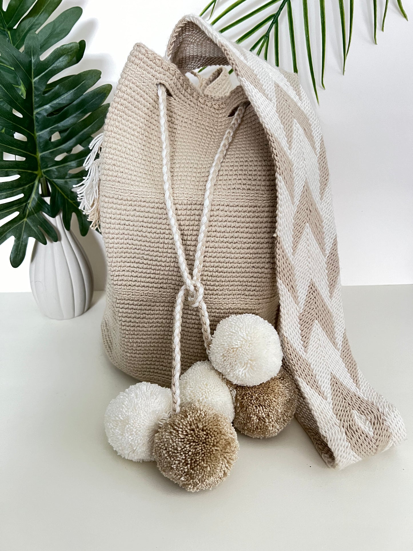 Beige & White PomPom Bag