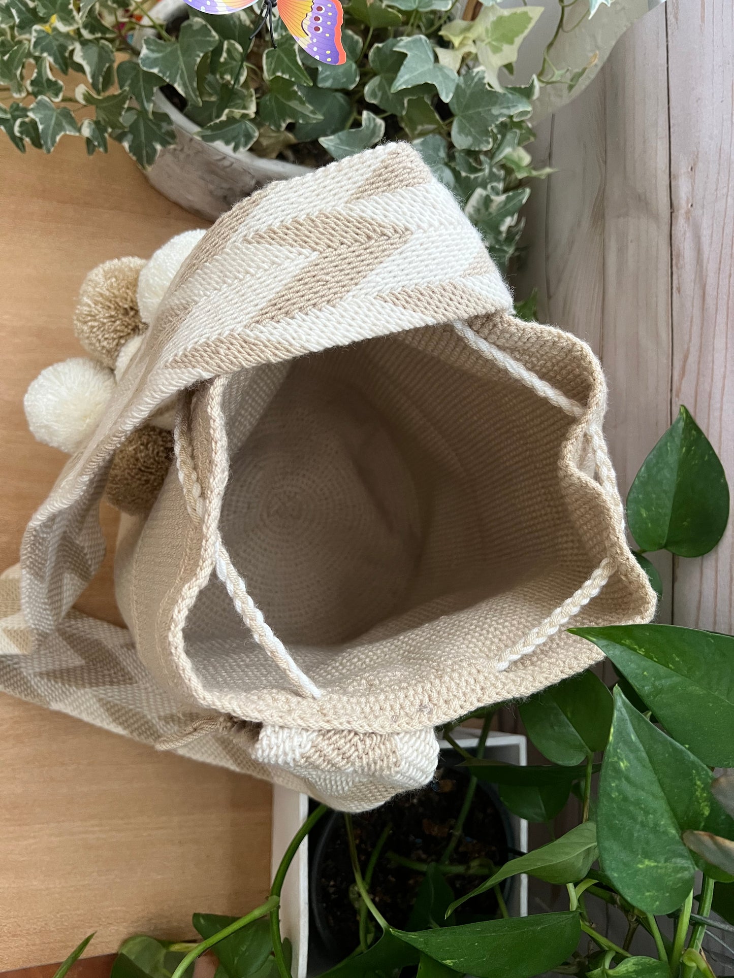 Beige & White PomPom Bag