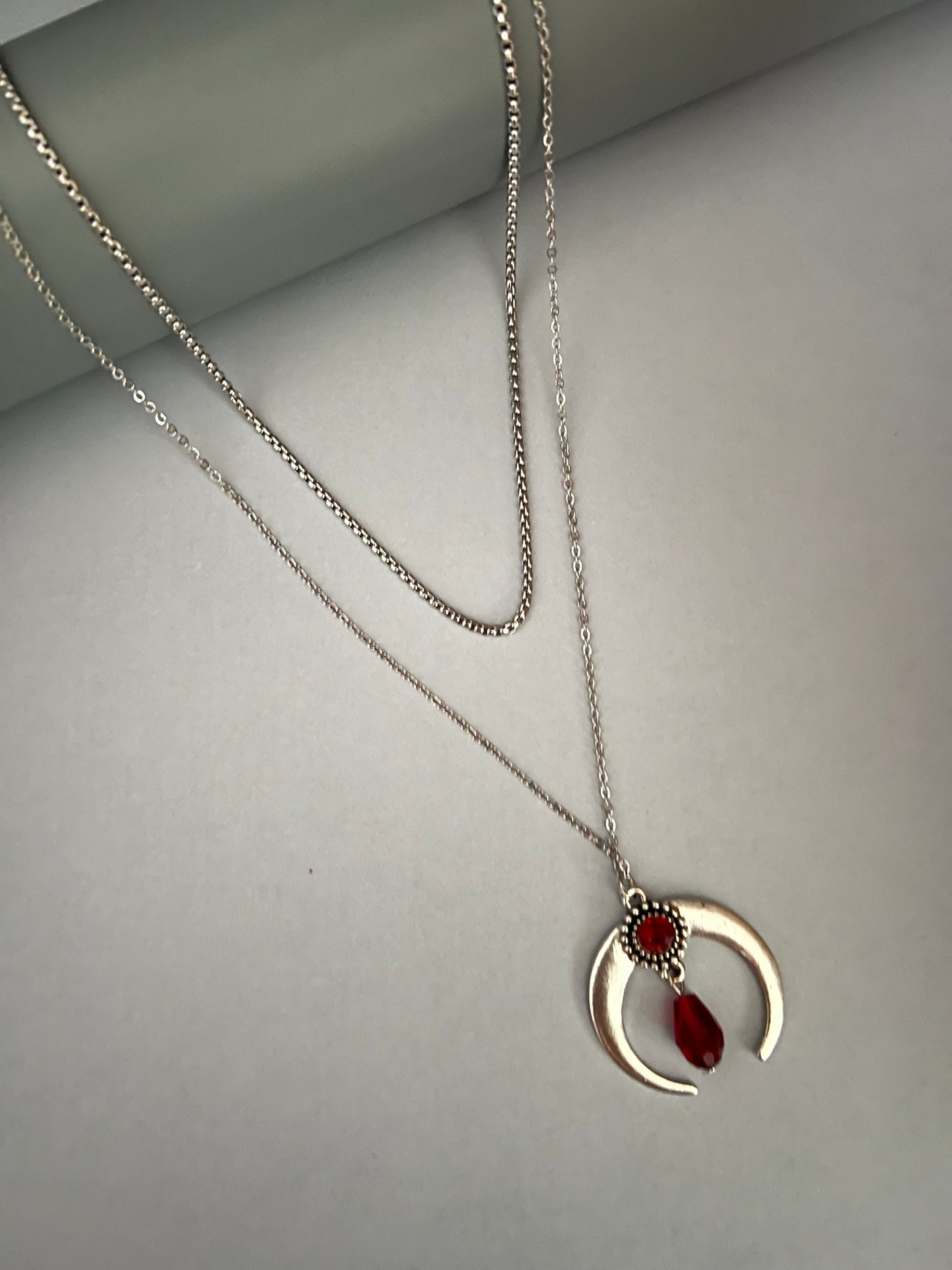 Silver & Red Long Witchy Necklace