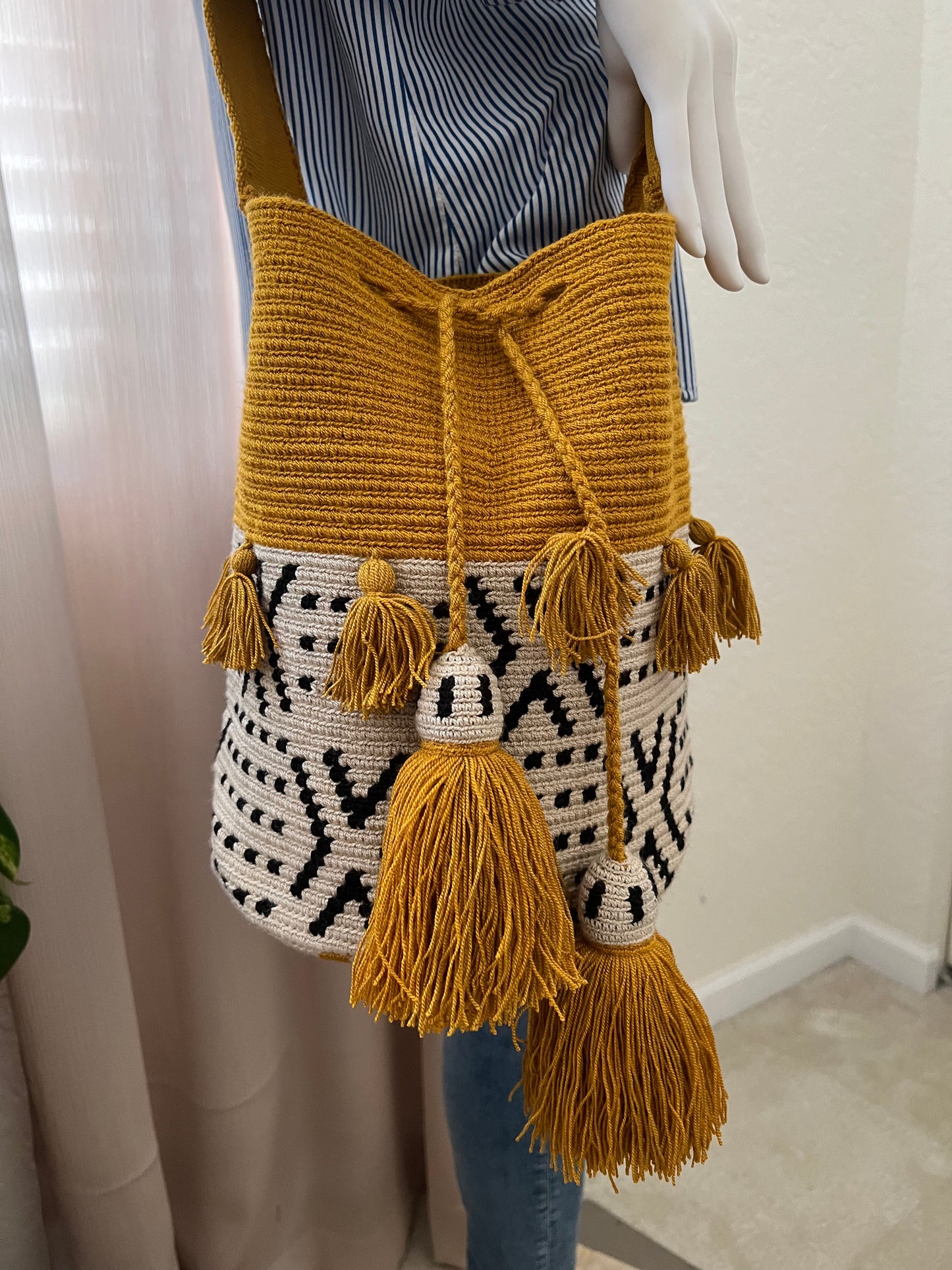 Yellow & White Retro Handwoven Crossbody Bag
