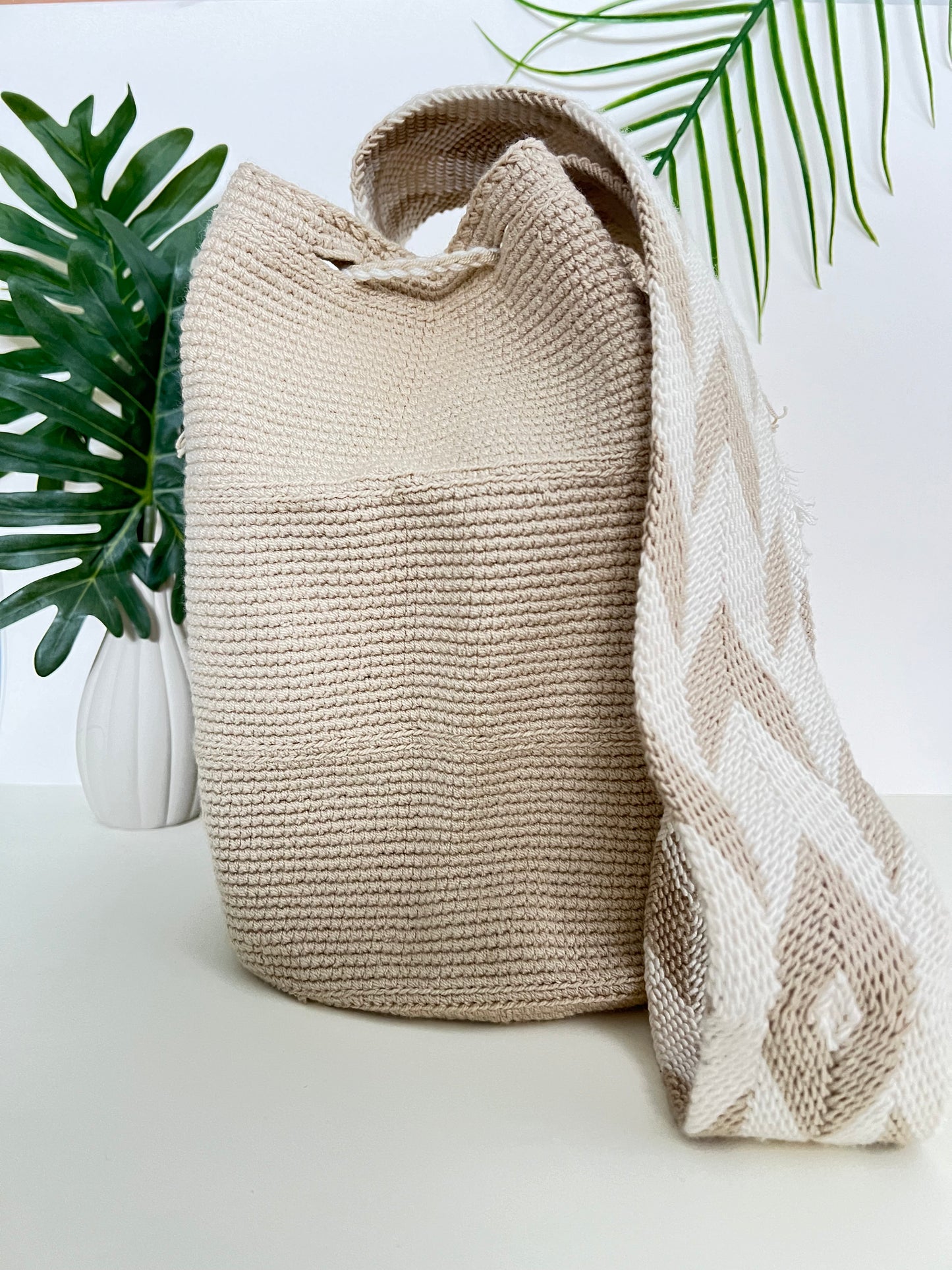 Beige & White PomPom Bag