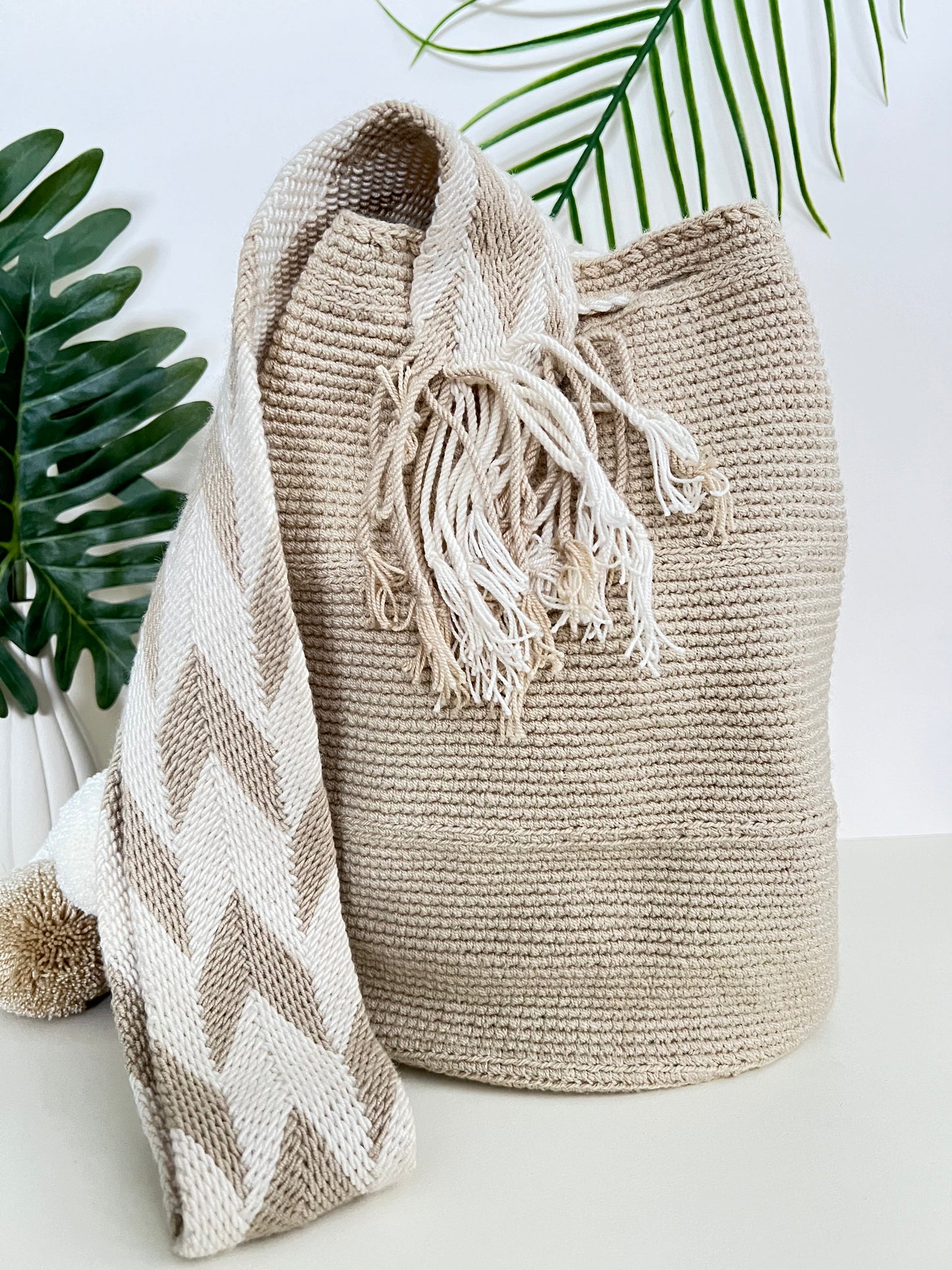 Beige & White PomPom Bag