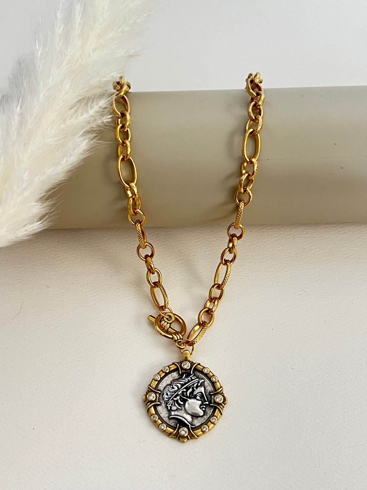 Antique Gold Bronze Medallion Pendant Necklace