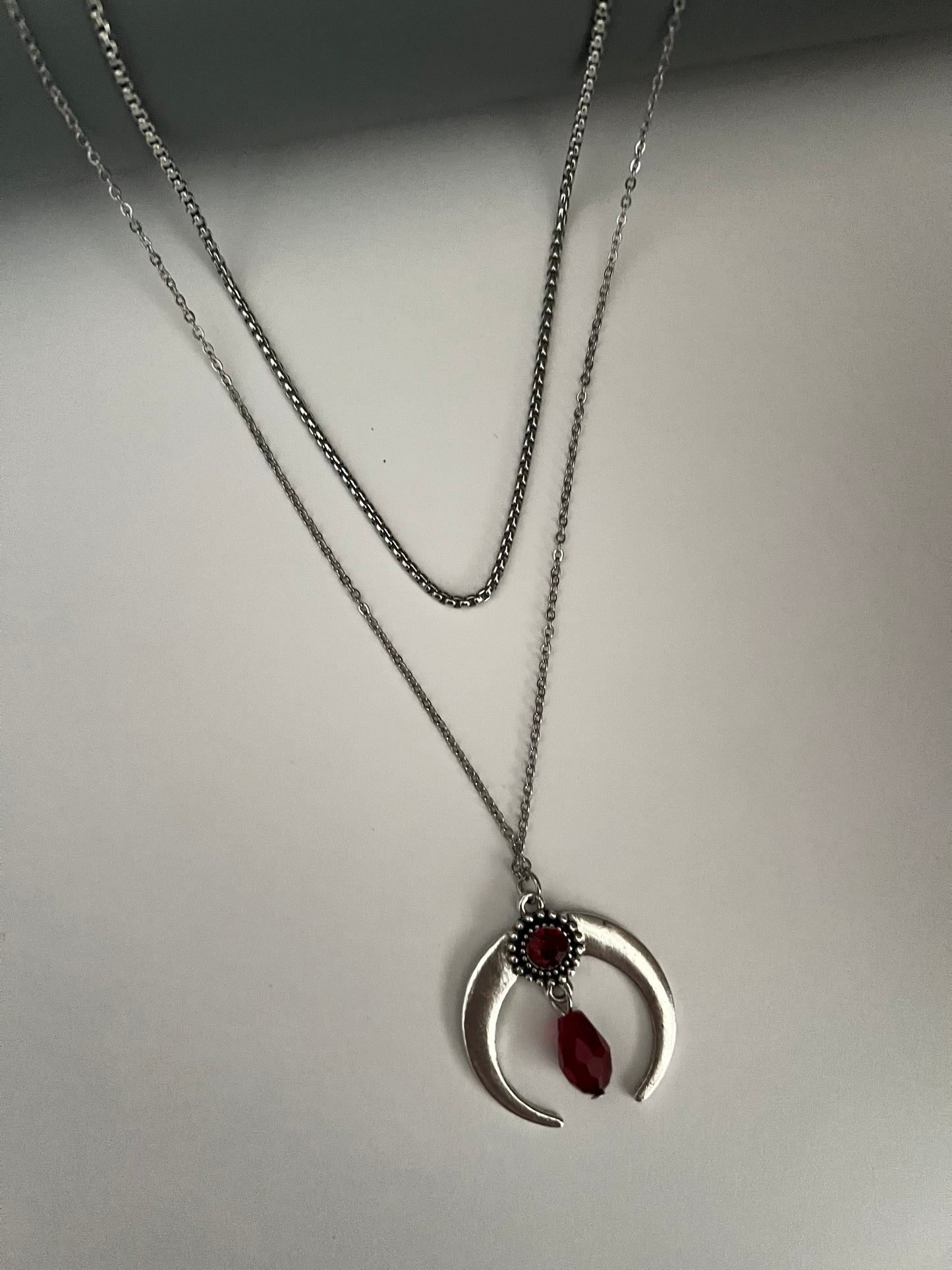 Silver & Red Long Witchy Necklace