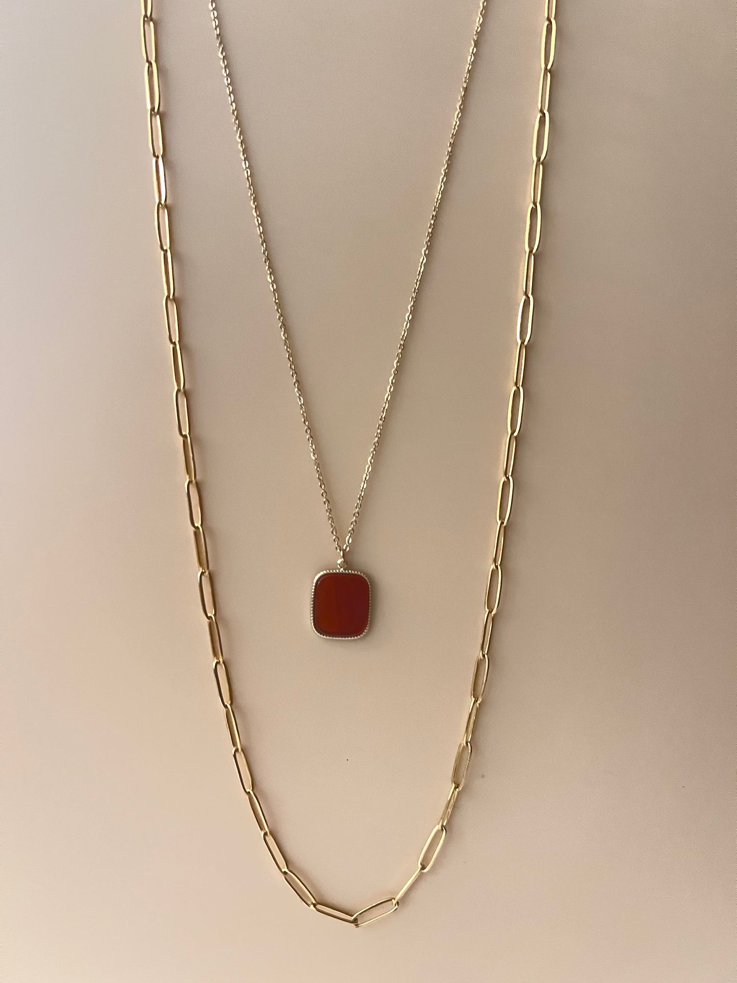 Red Stone Pendant Layered Necklace