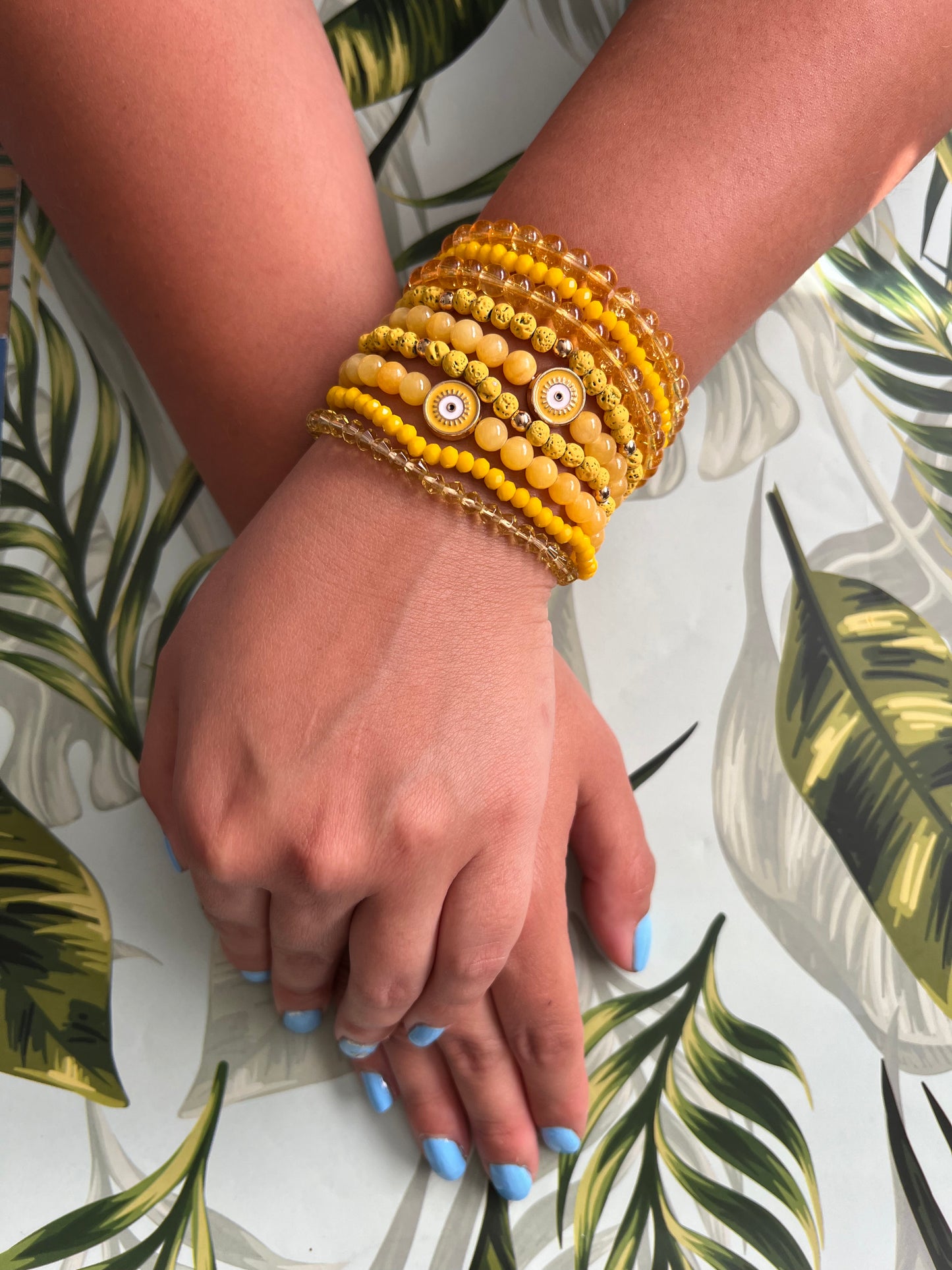 Yellow Evil Eye Bead Bracelet Set
