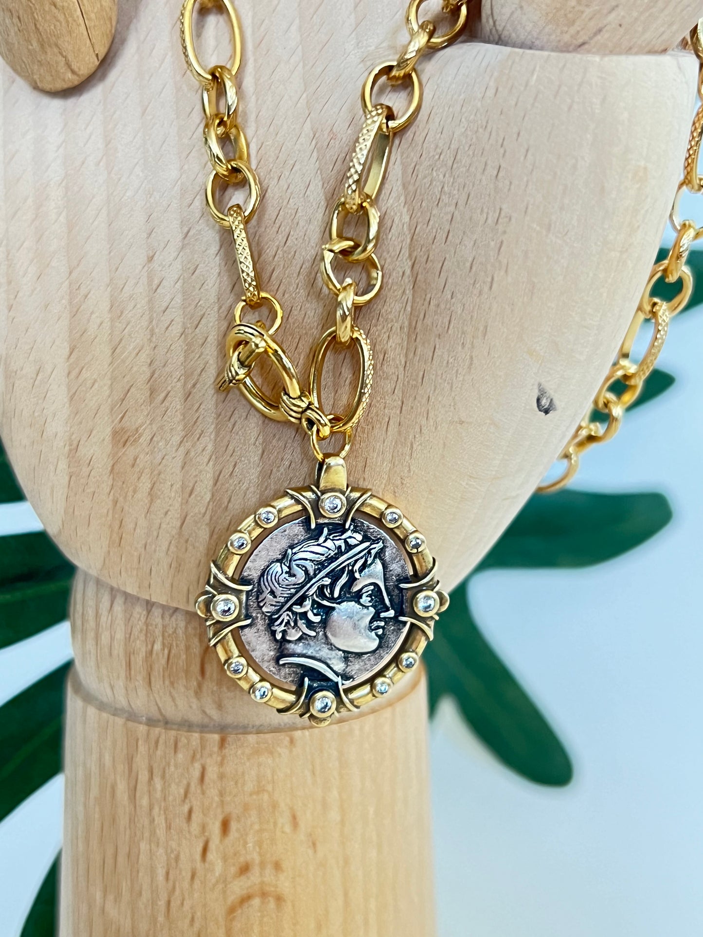 Antique Gold Bronze Medallion Pendant Necklace