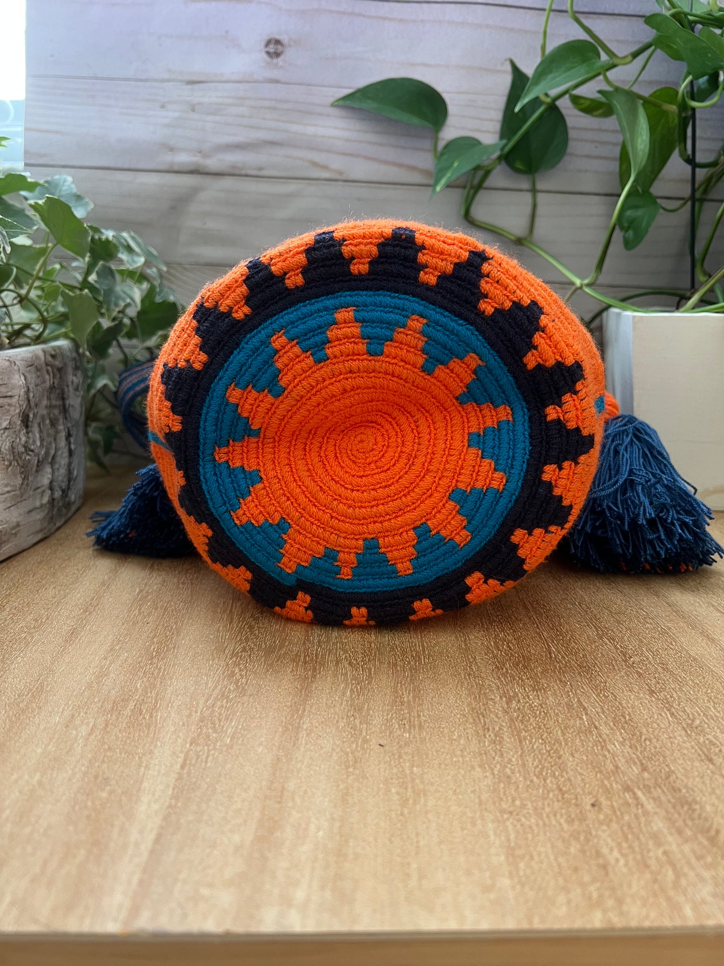 Blue & Orange Geometric Pattern Bucket Bag