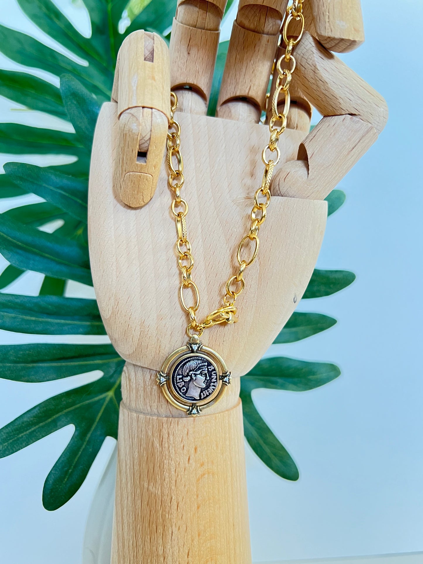 Antique Gold Bronze Medallion Pendant Necklace