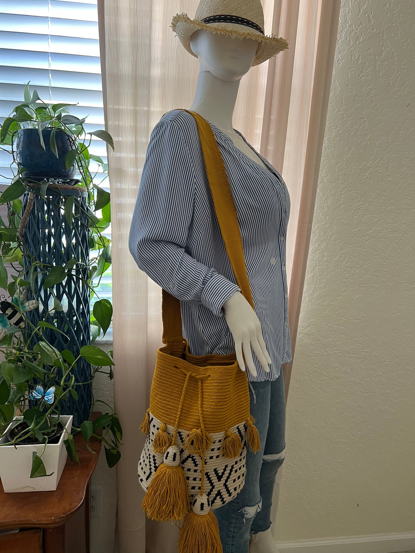 Yellow & White Retro Handwoven Crossbody Bag