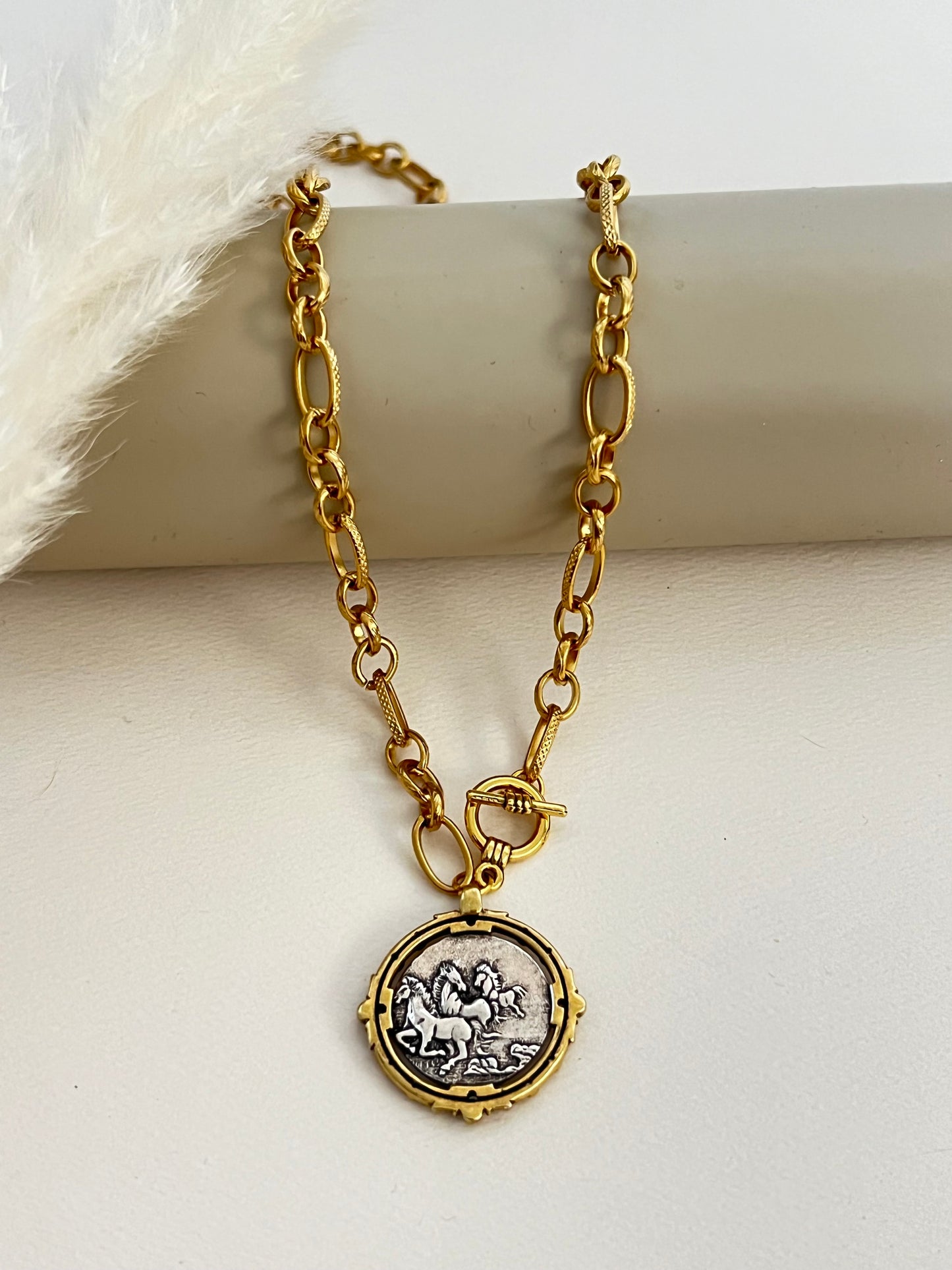 Antique Gold Bronze Medallion Pendant Necklace