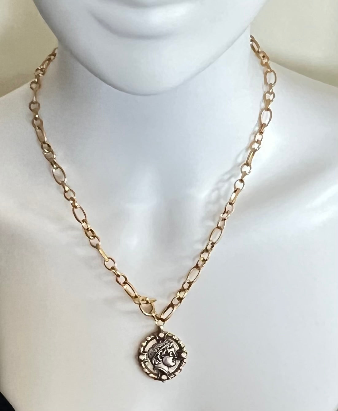 Antique Gold Bronze Medallion Pendant Necklace