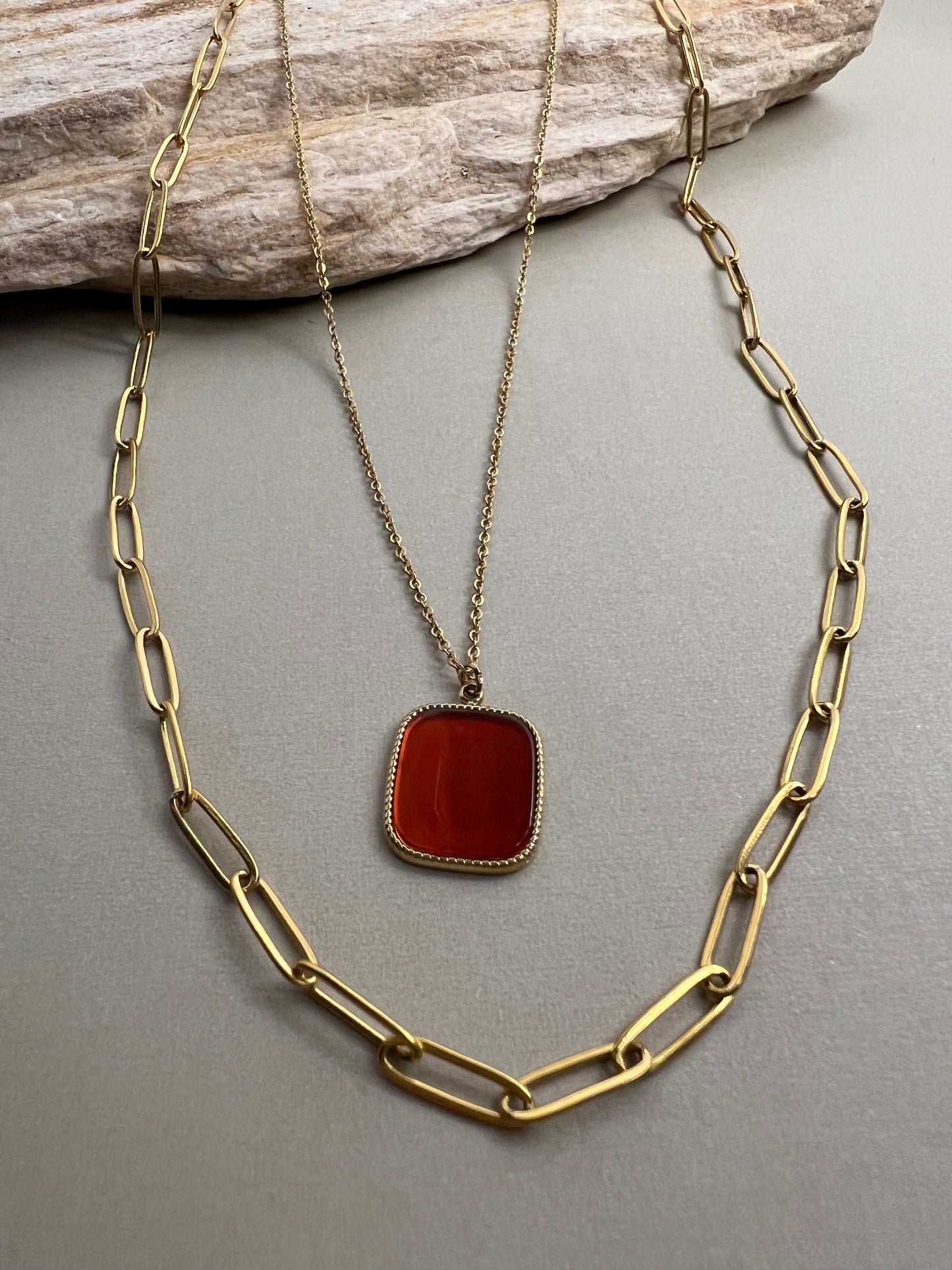 Red Stone Pendant Layered Necklace
