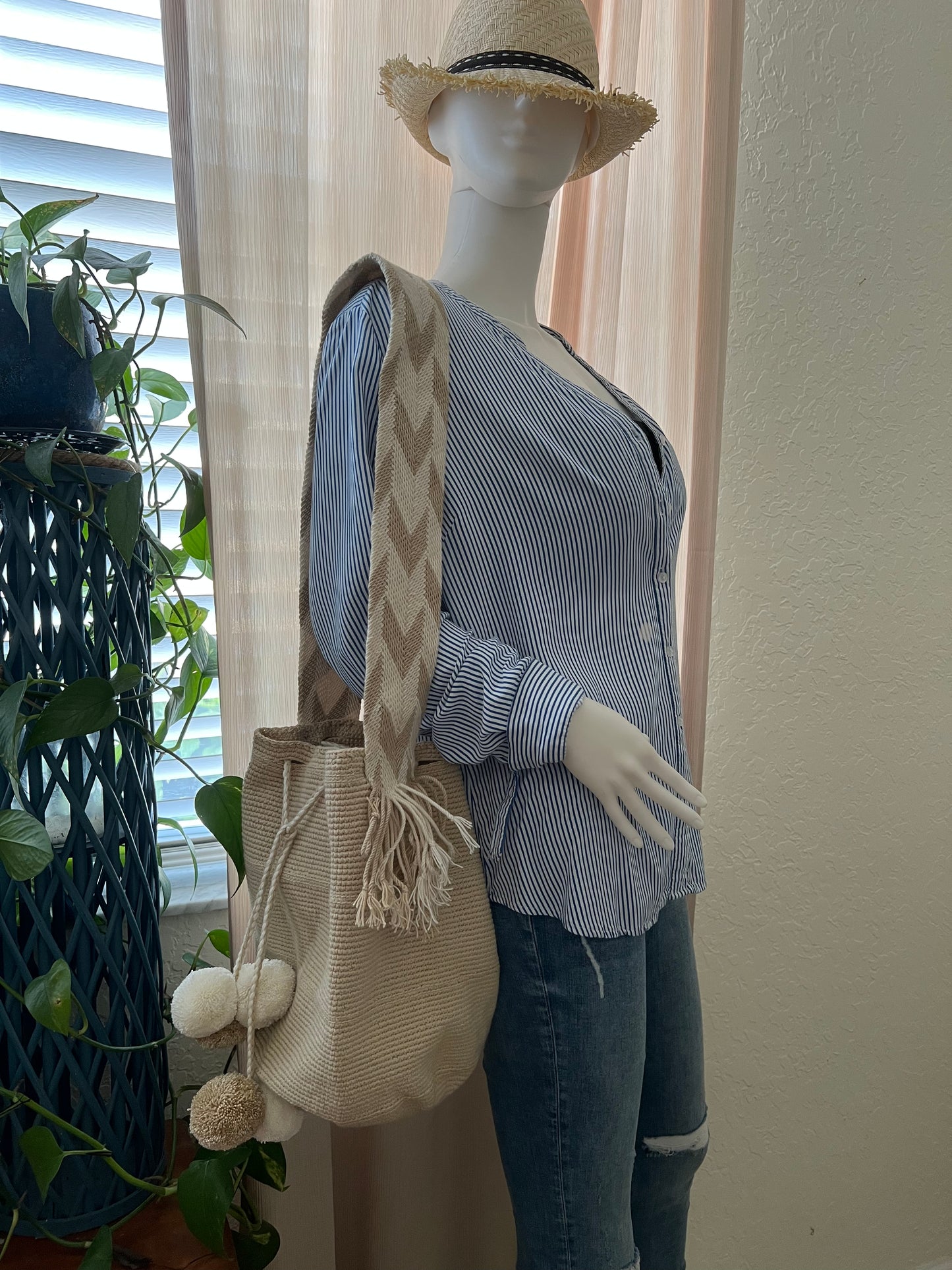 Beige & White PomPom Bag