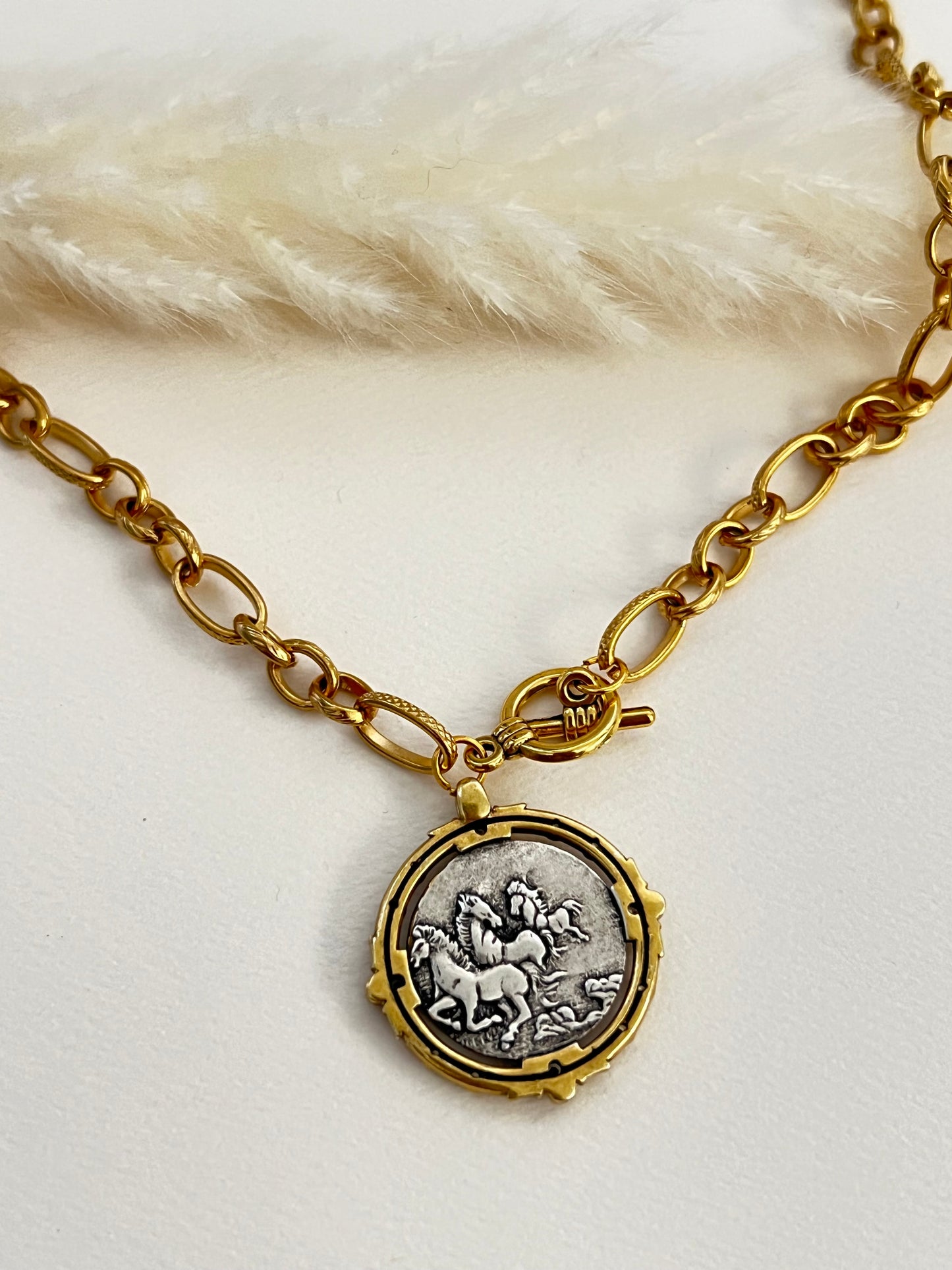 Antique Gold Bronze Medallion Pendant Necklace