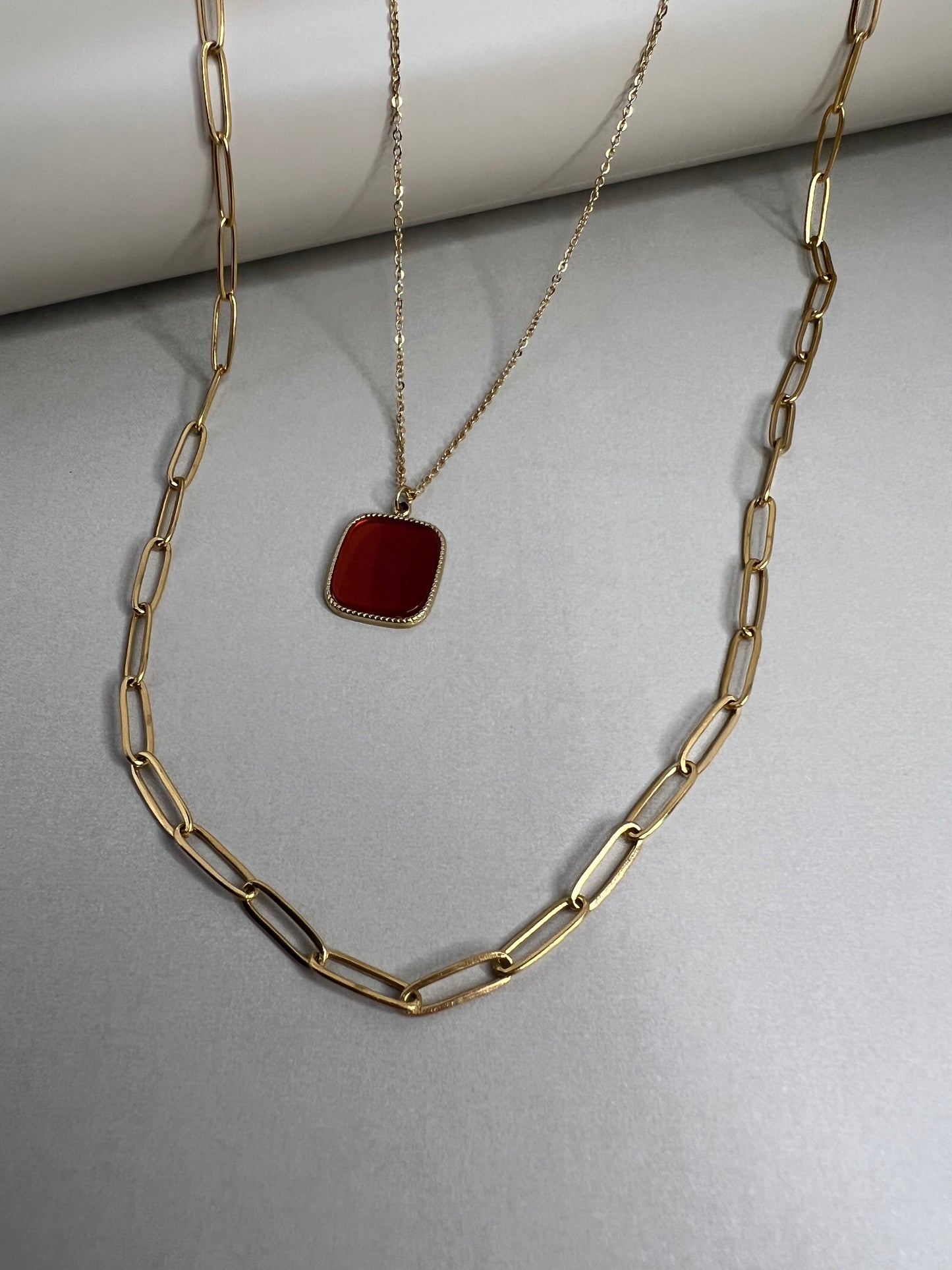 Red Stone Pendant Layered Necklace