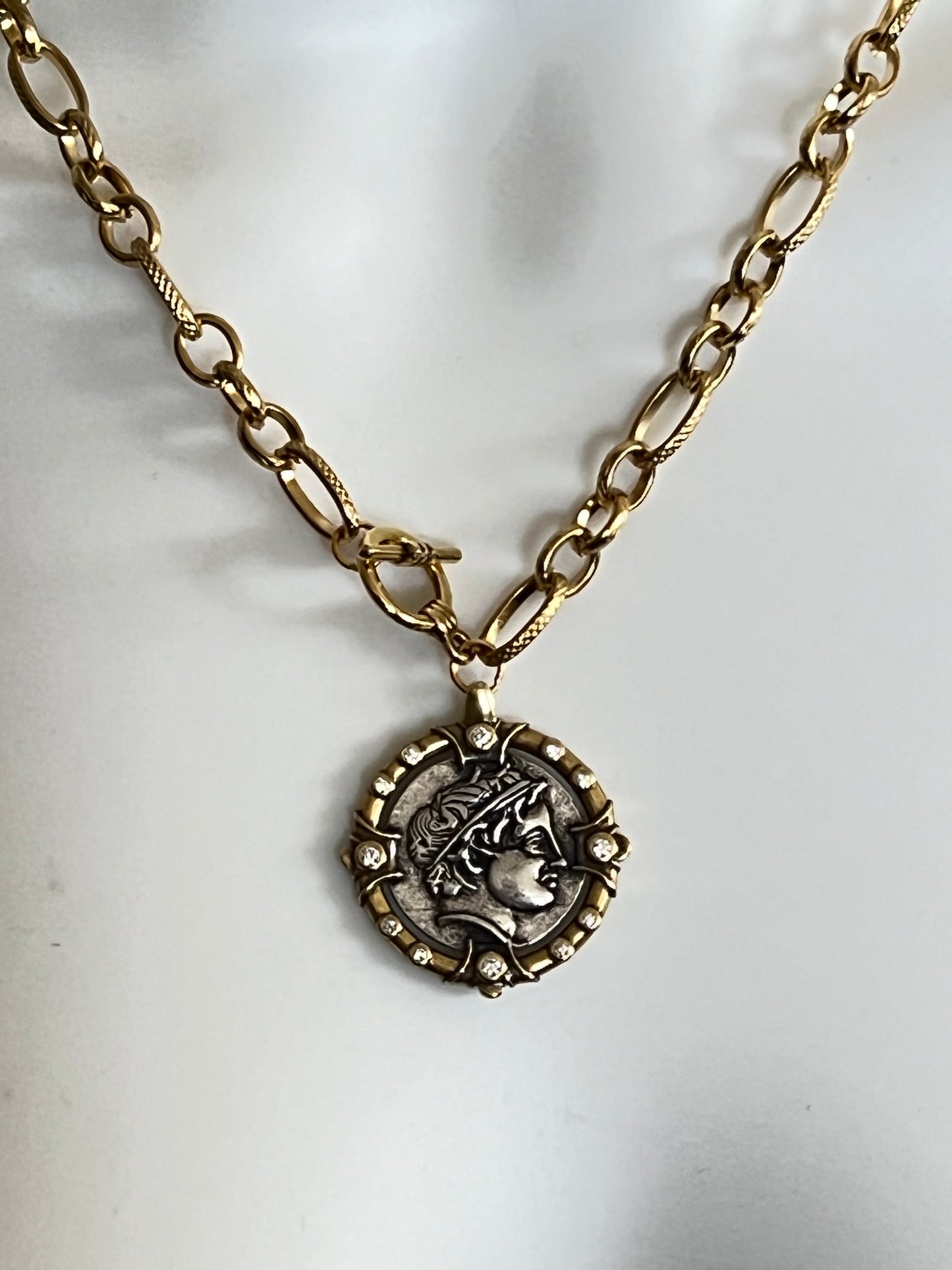Antique Gold Bronze Medallion Pendant Necklace