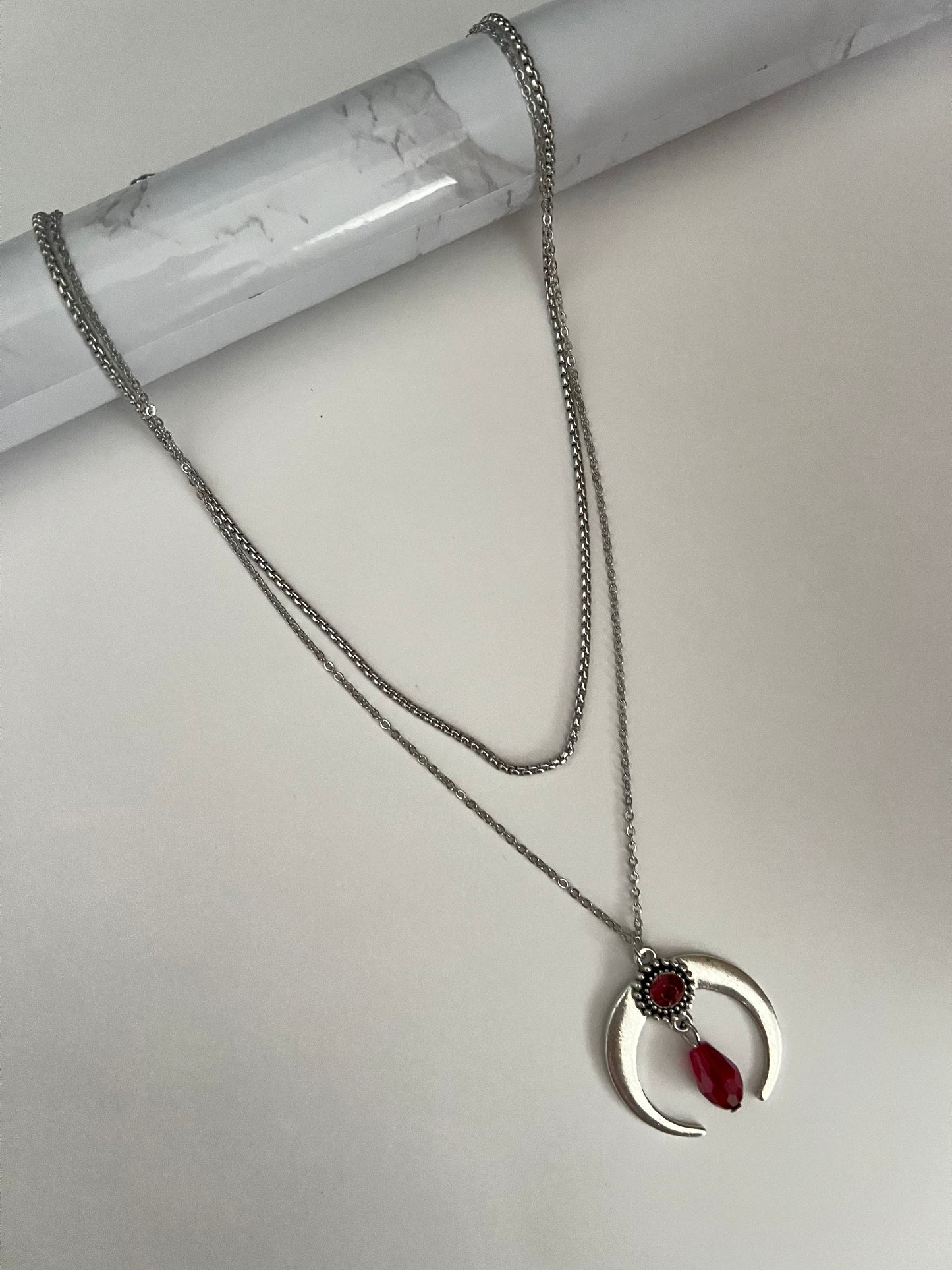 Silver & Red Long Witchy Necklace