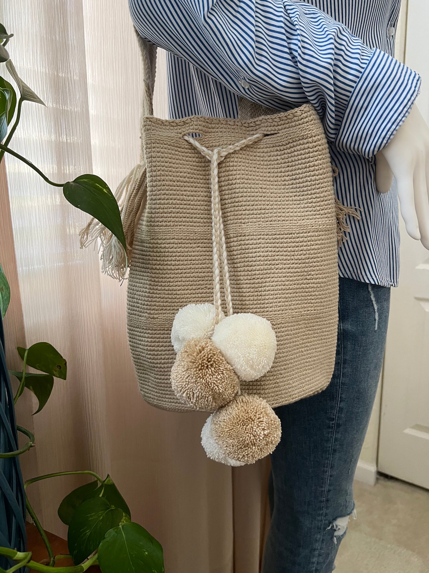 Beige & White PomPom Bag