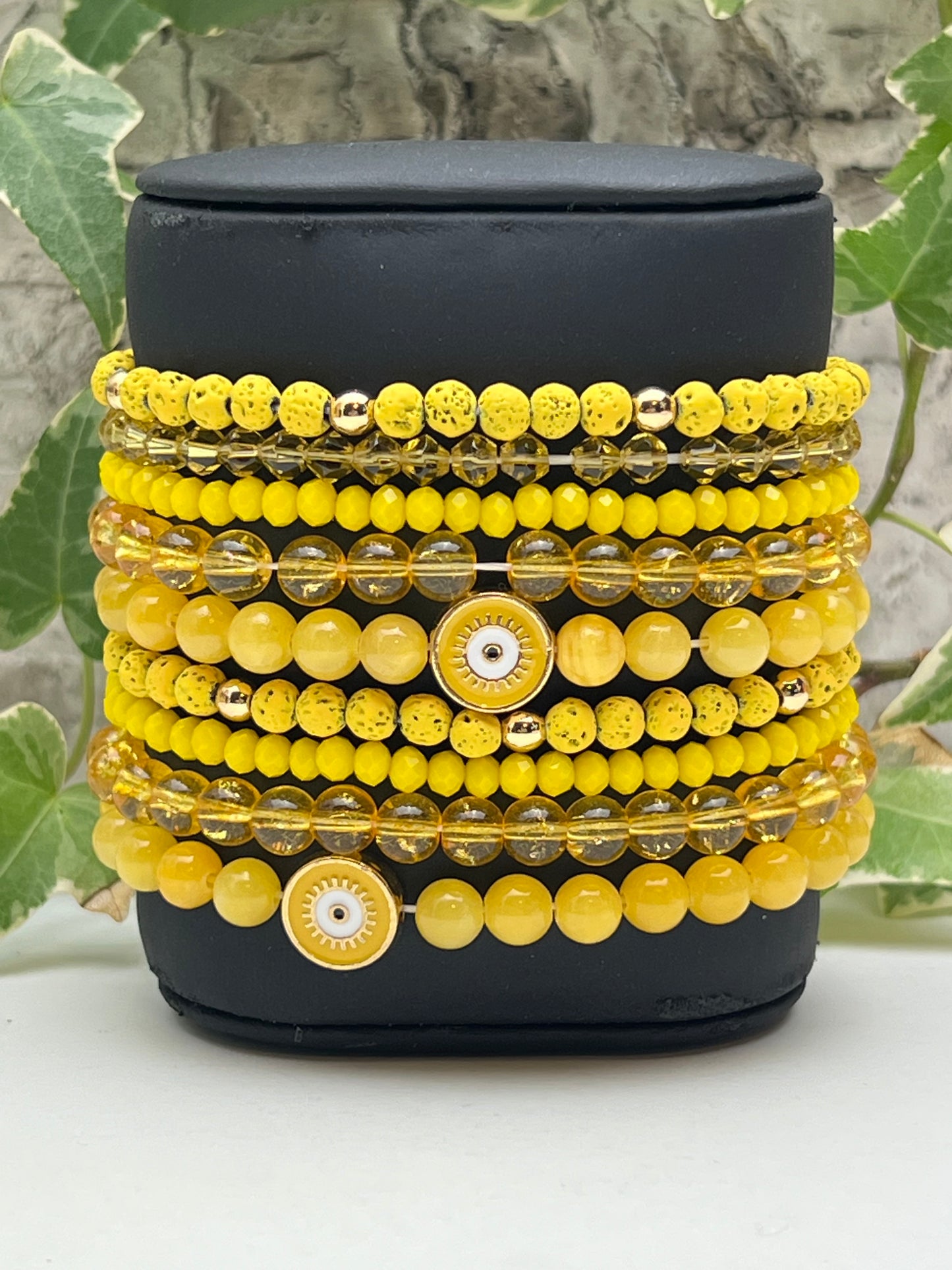 Yellow Evil Eye Bead Bracelet Set