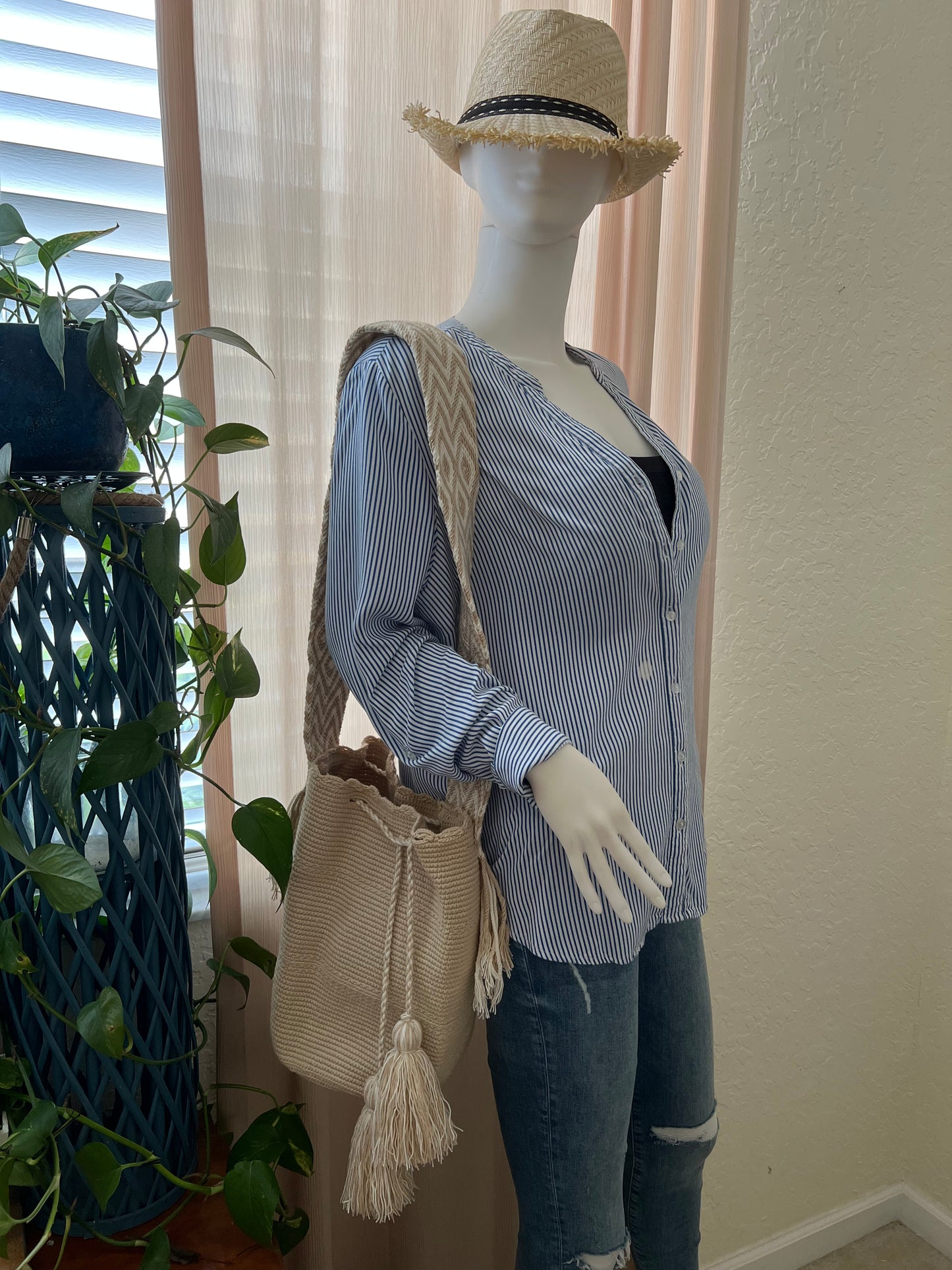 Beige & White PomPom Bag
