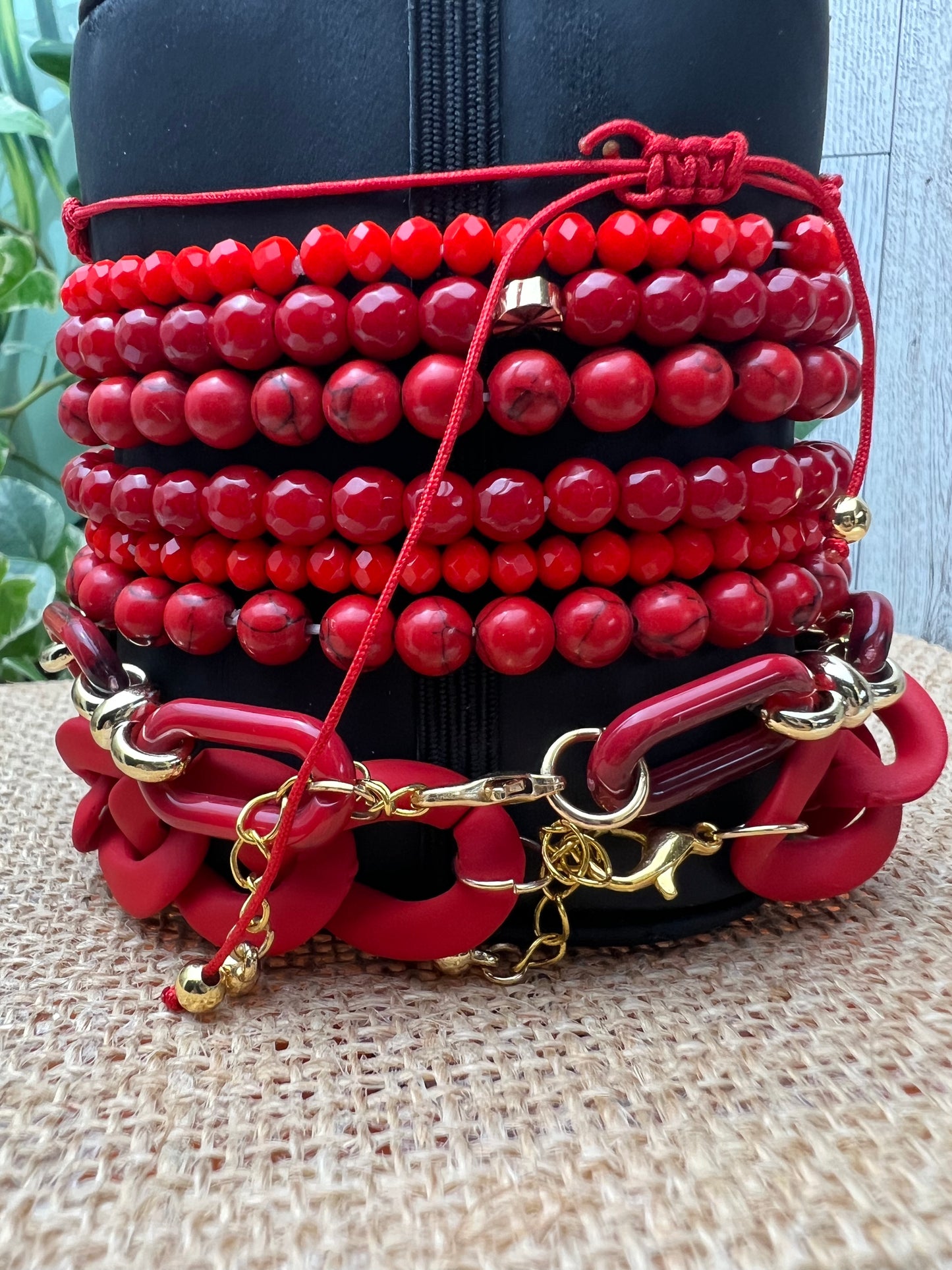 Red Trendy Beaded Bracelet Set
