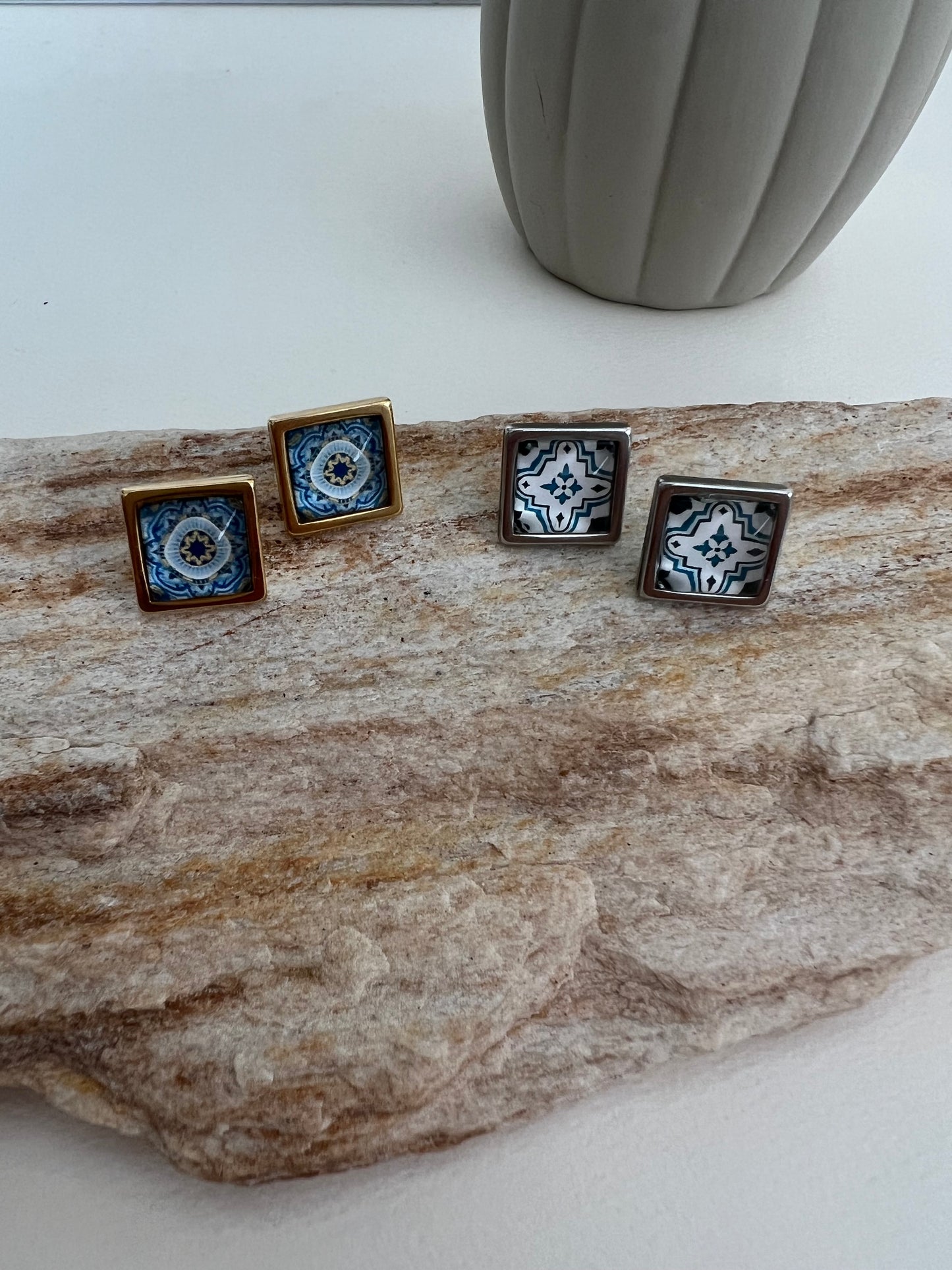 Greek-Inspired Tile Square Stud Earrings