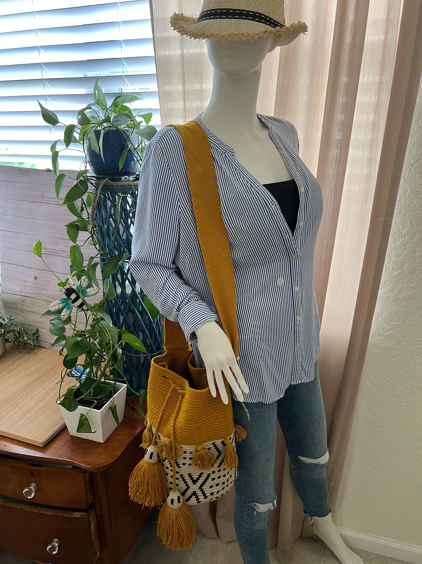 Yellow & White Retro Handwoven Crossbody Bag