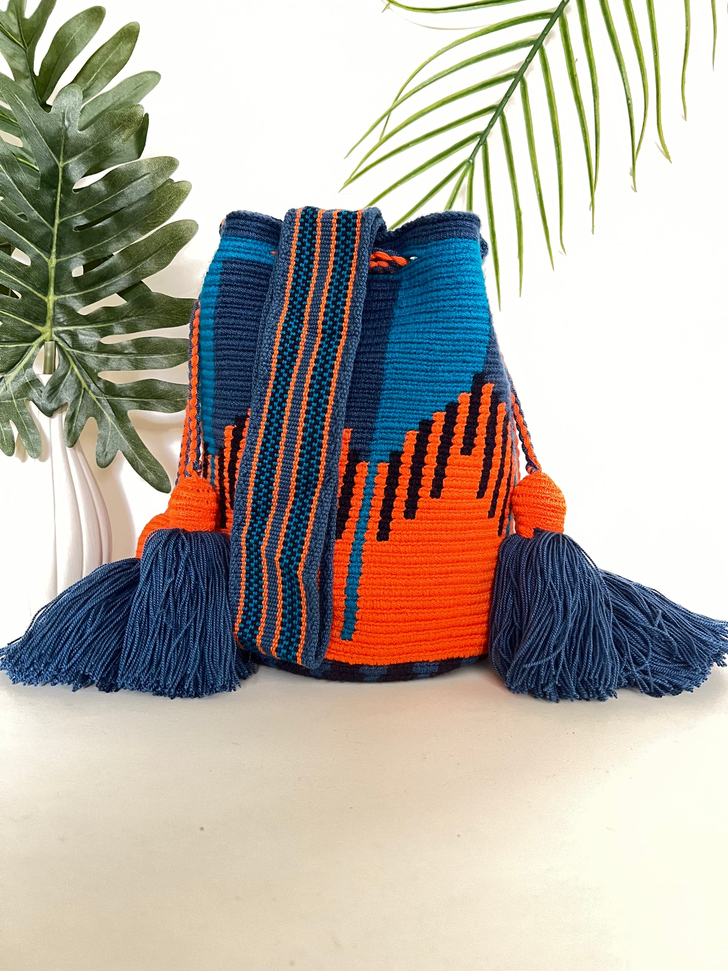 Blue & Orange Geometric Pattern Bucket Bag