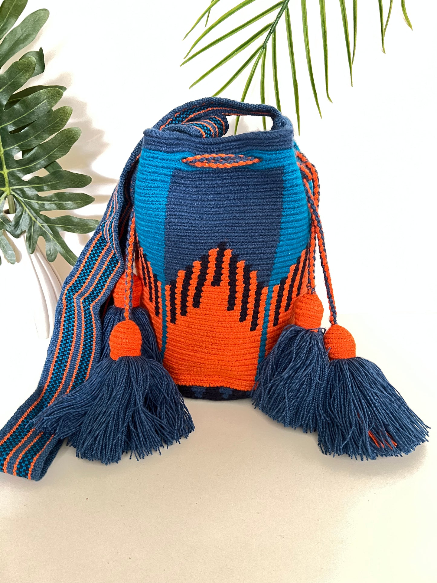 Blue & Orange Geometric Pattern Bucket Bag