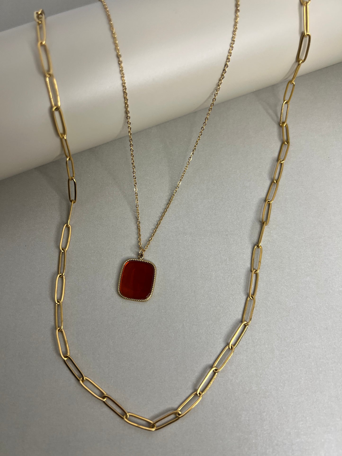Red Stone Pendant Layered Necklace