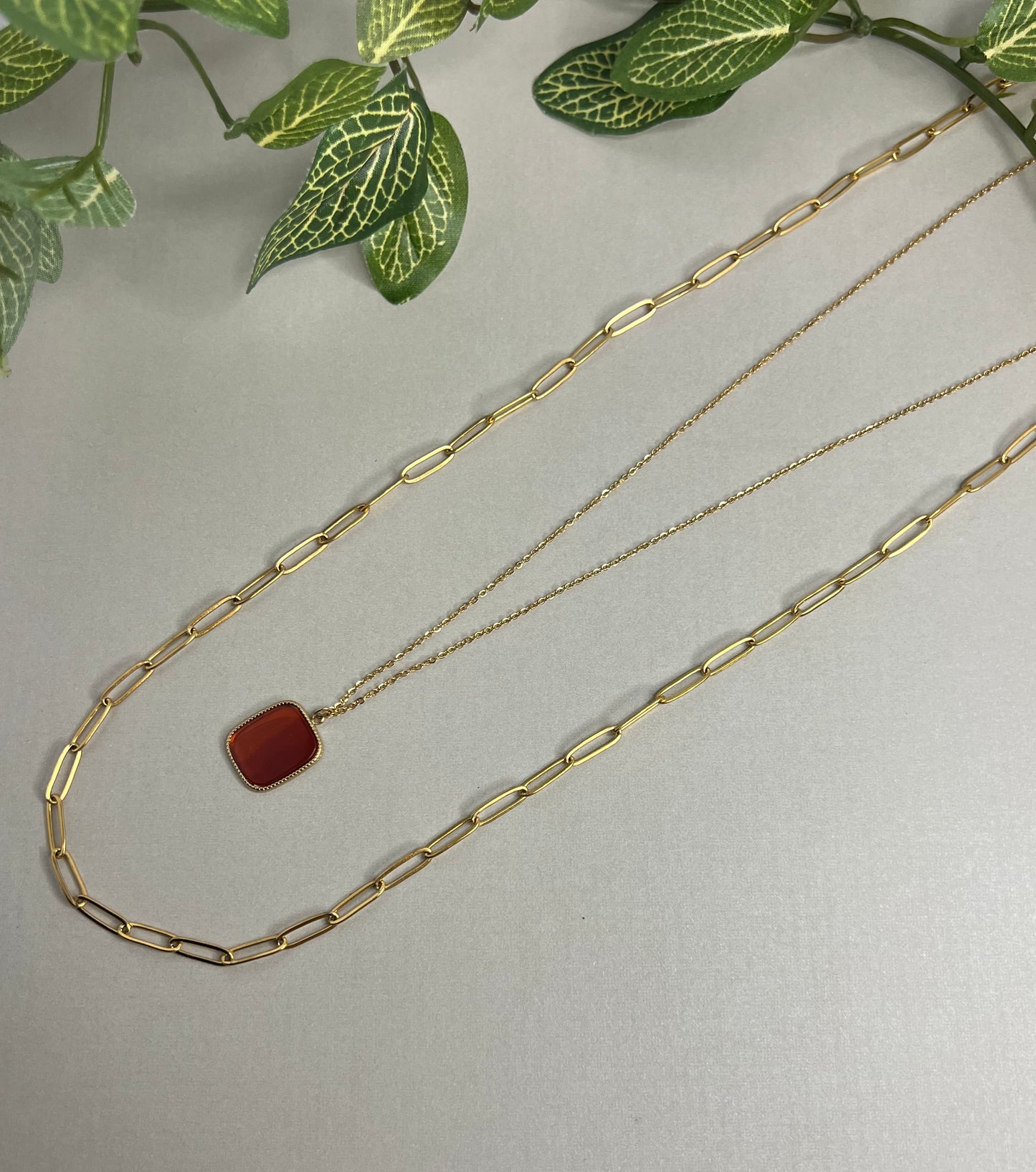 Red Stone Pendant Layered Necklace