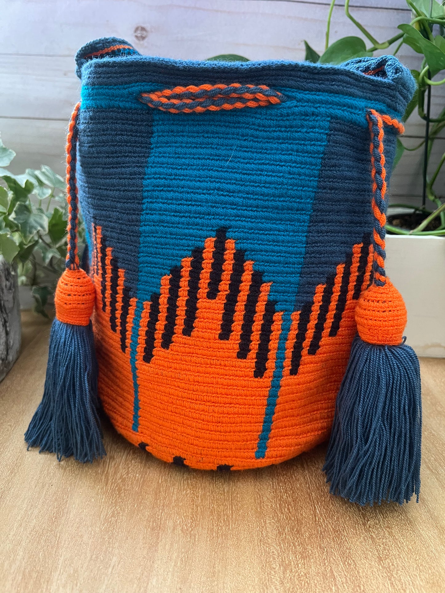 Blue & Orange Geometric Pattern Bucket Bag