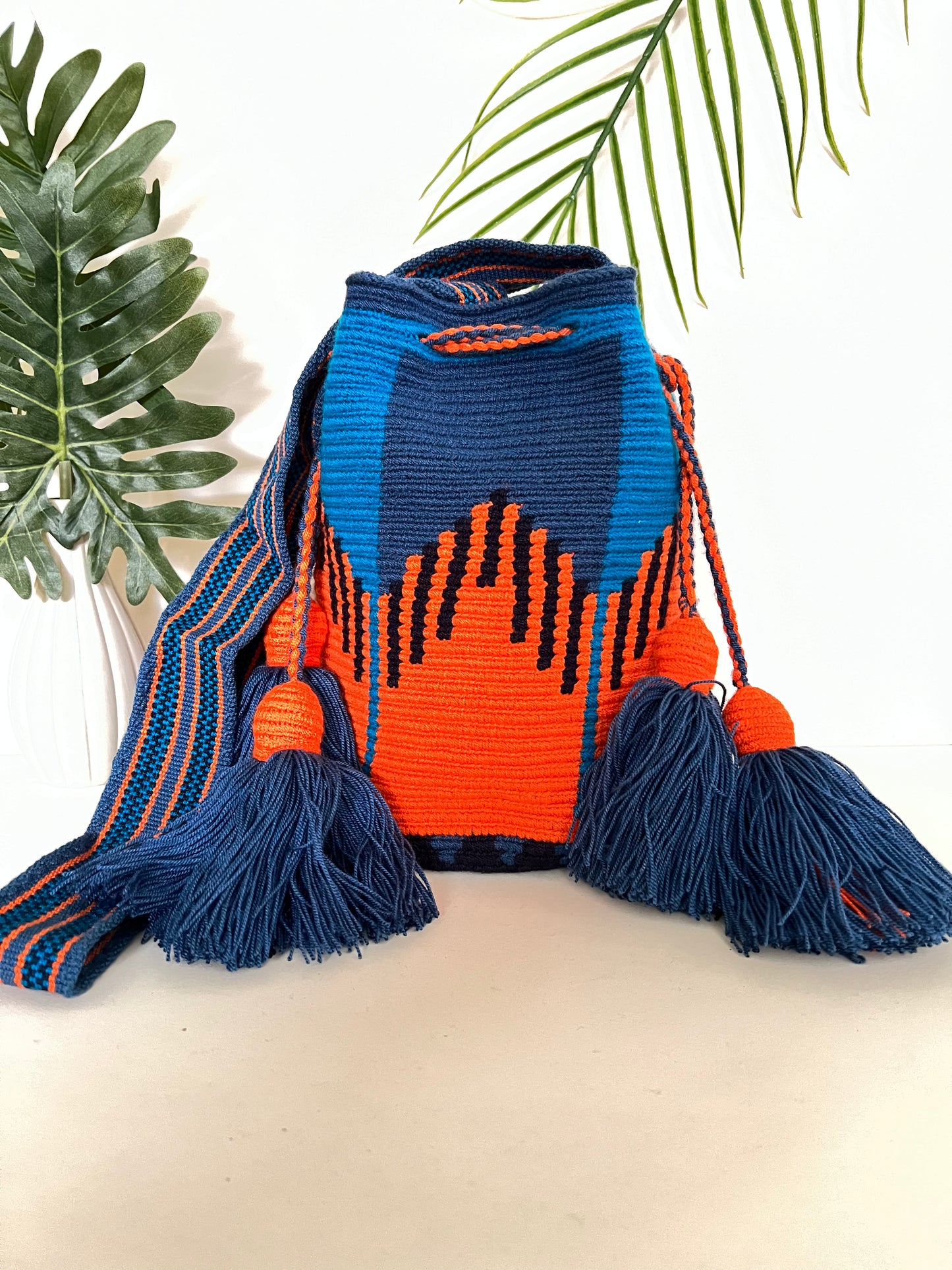 Blue & Orange Geometric Pattern Bucket Bag