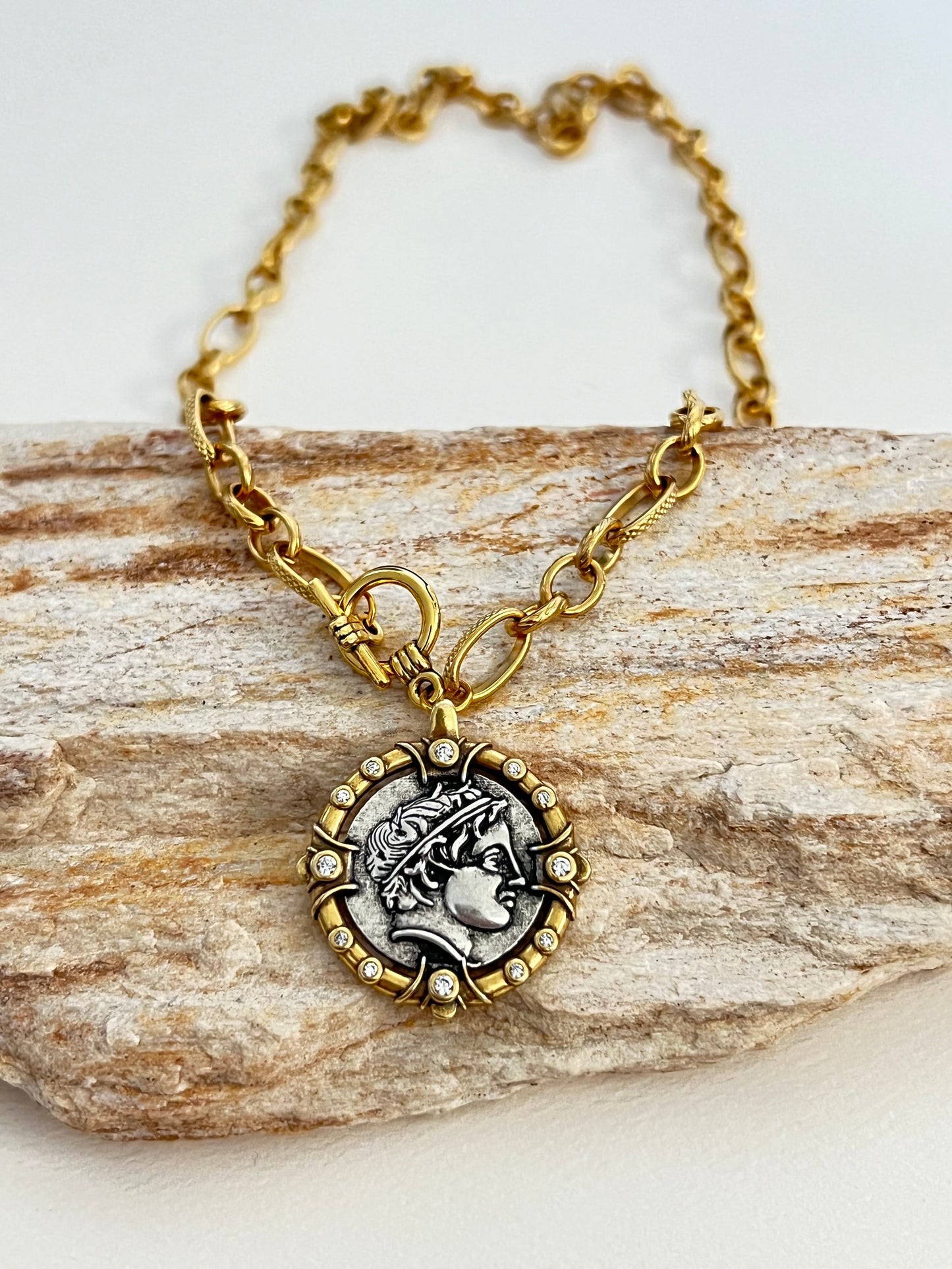 Antique Gold Bronze Medallion Pendant Necklace