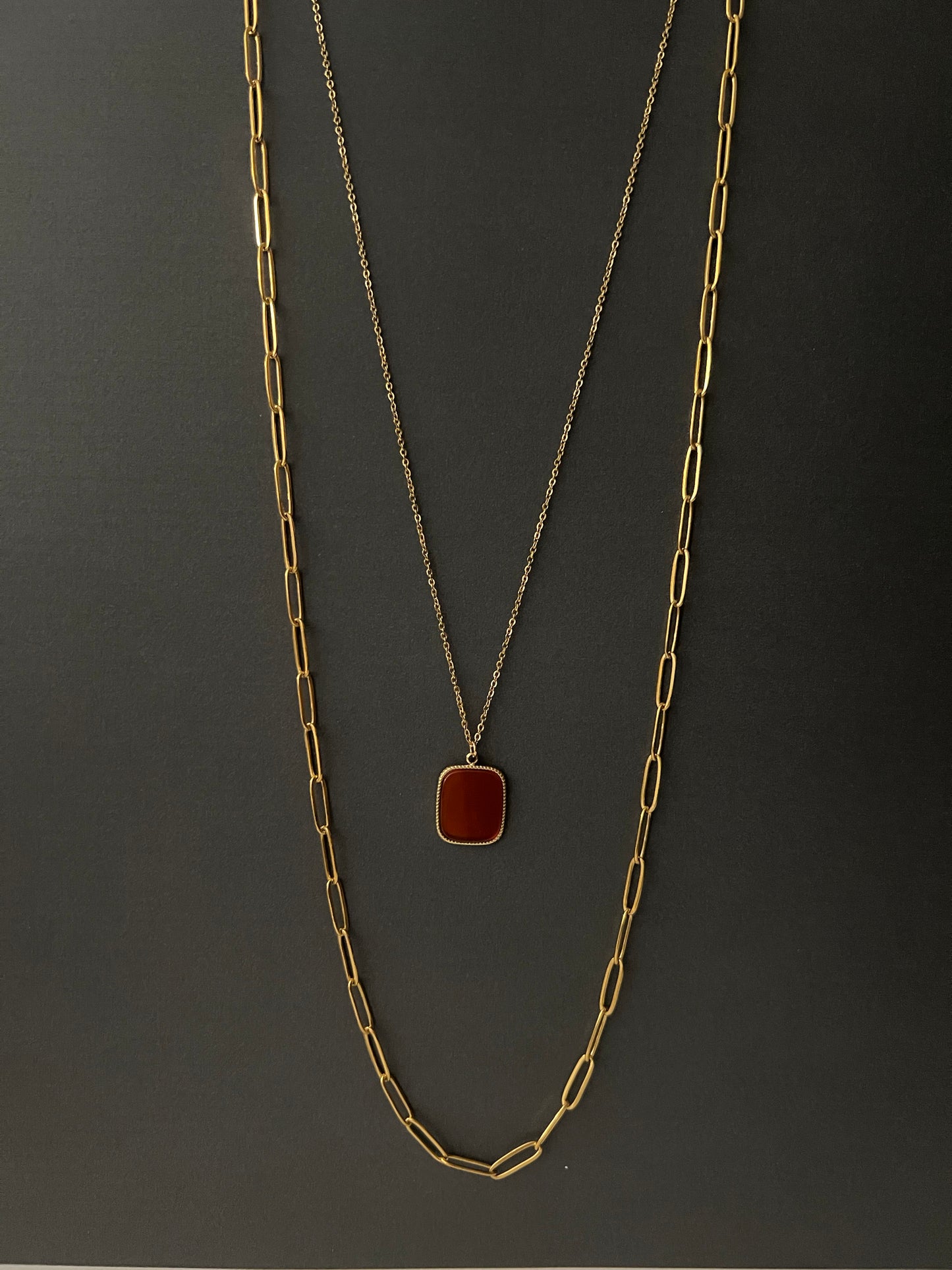 Red Stone Pendant Layered Necklace