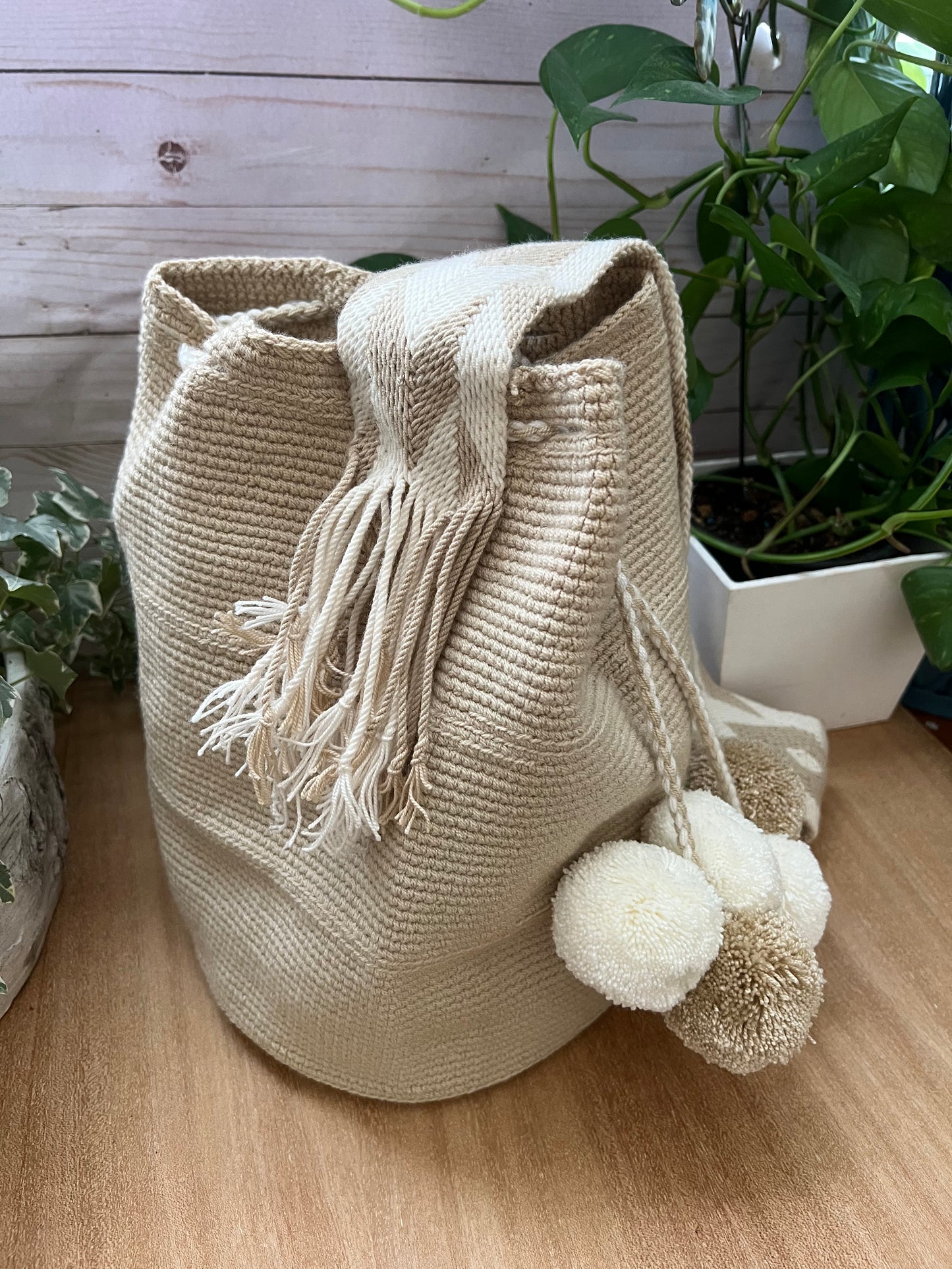 Beige & White PomPom Bag