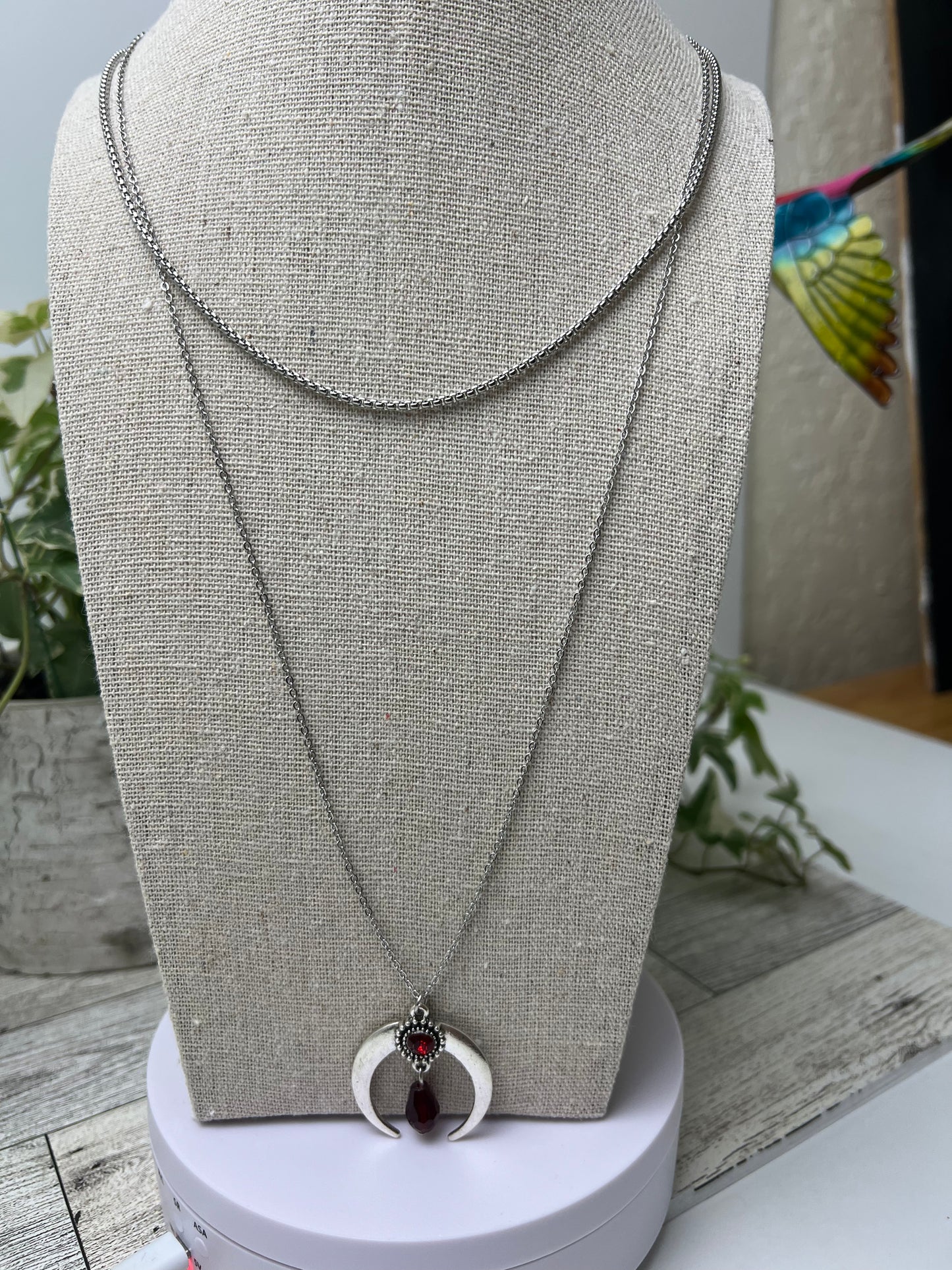 Silver & Red Long Witchy Necklace