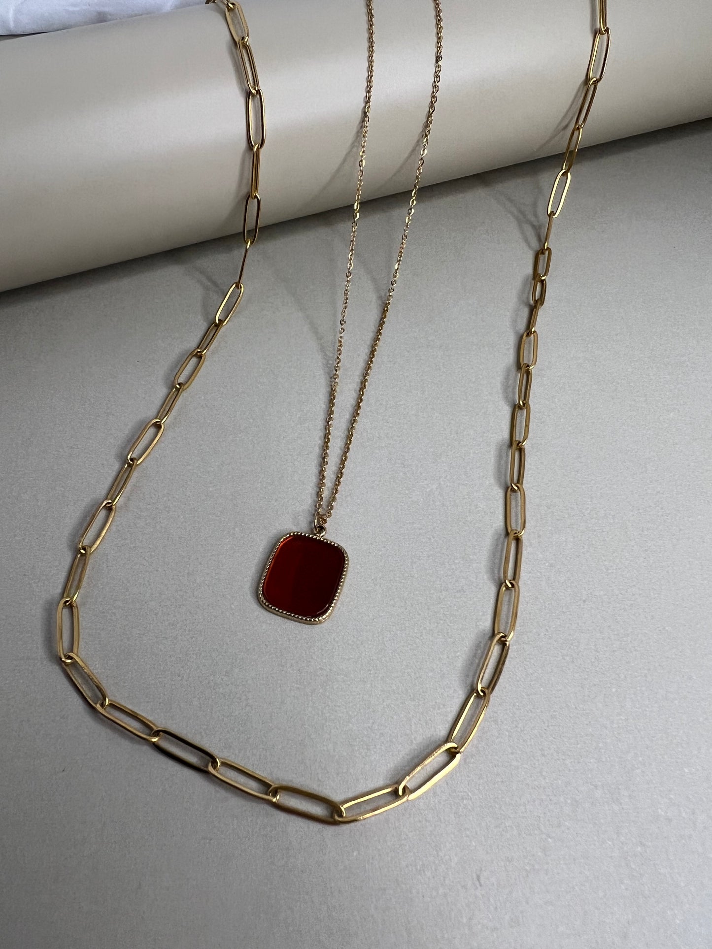 Red Stone Pendant Layered Necklace