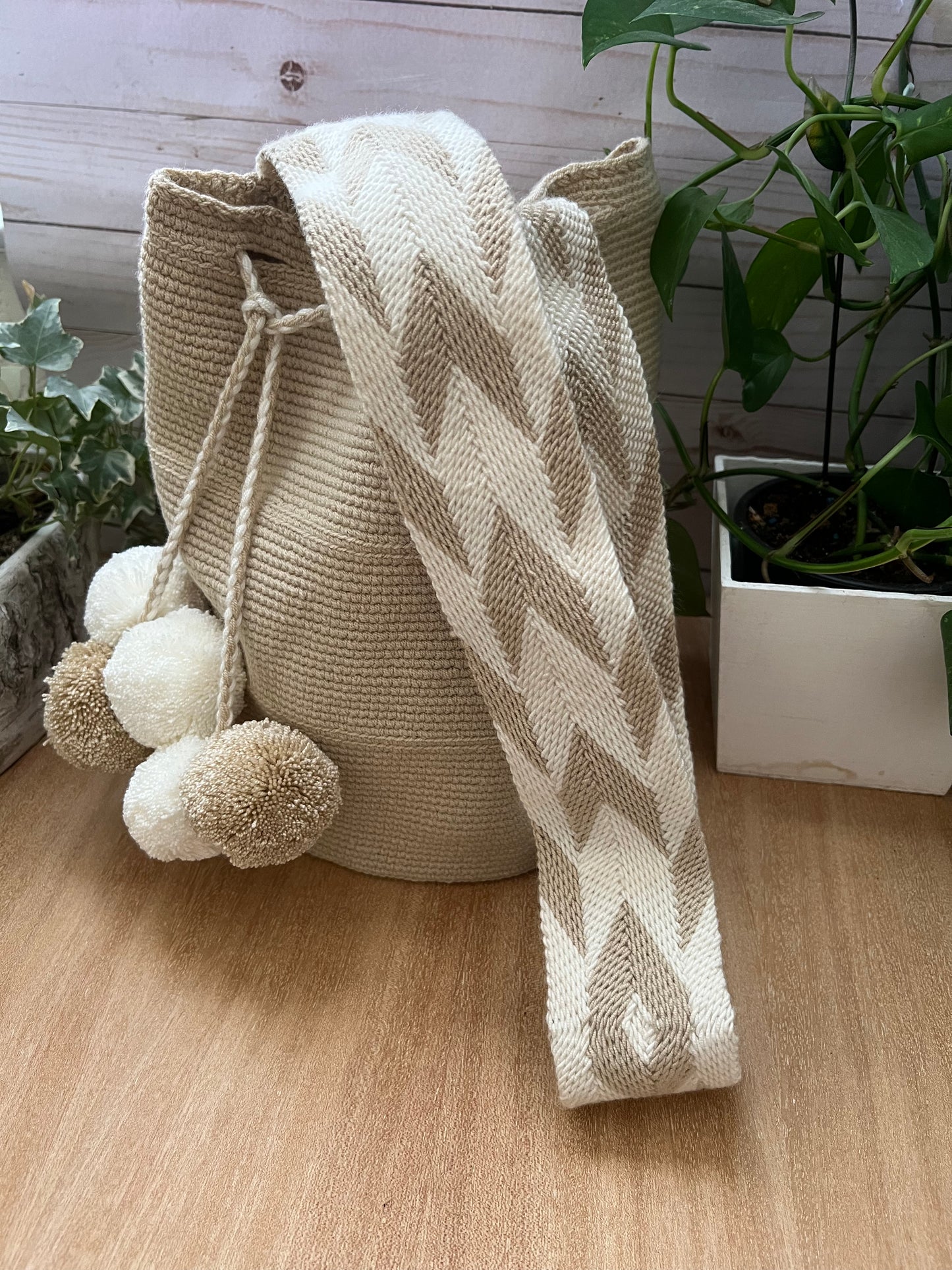 Beige & White PomPom Bag