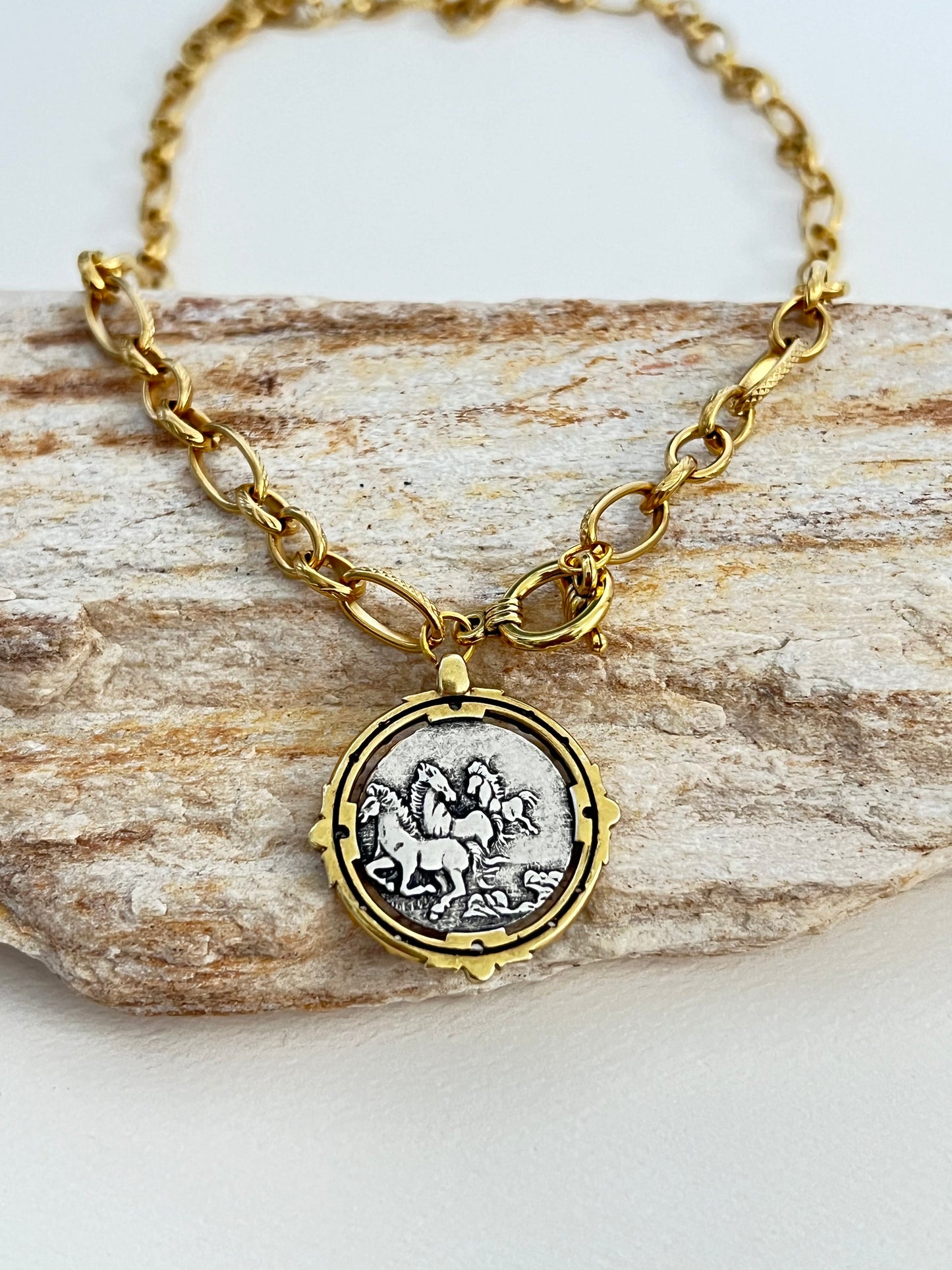 Antique Gold Bronze Medallion Pendant Necklace