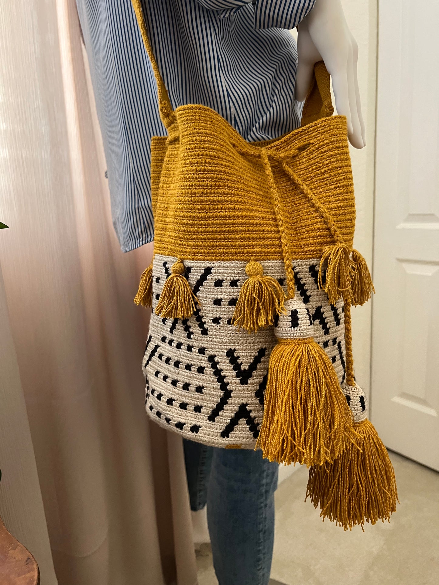 Yellow & White Retro Handwoven Crossbody Bag