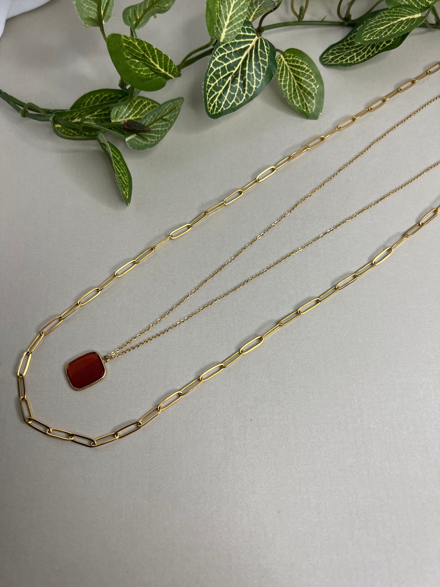 Red Stone Pendant Layered Necklace