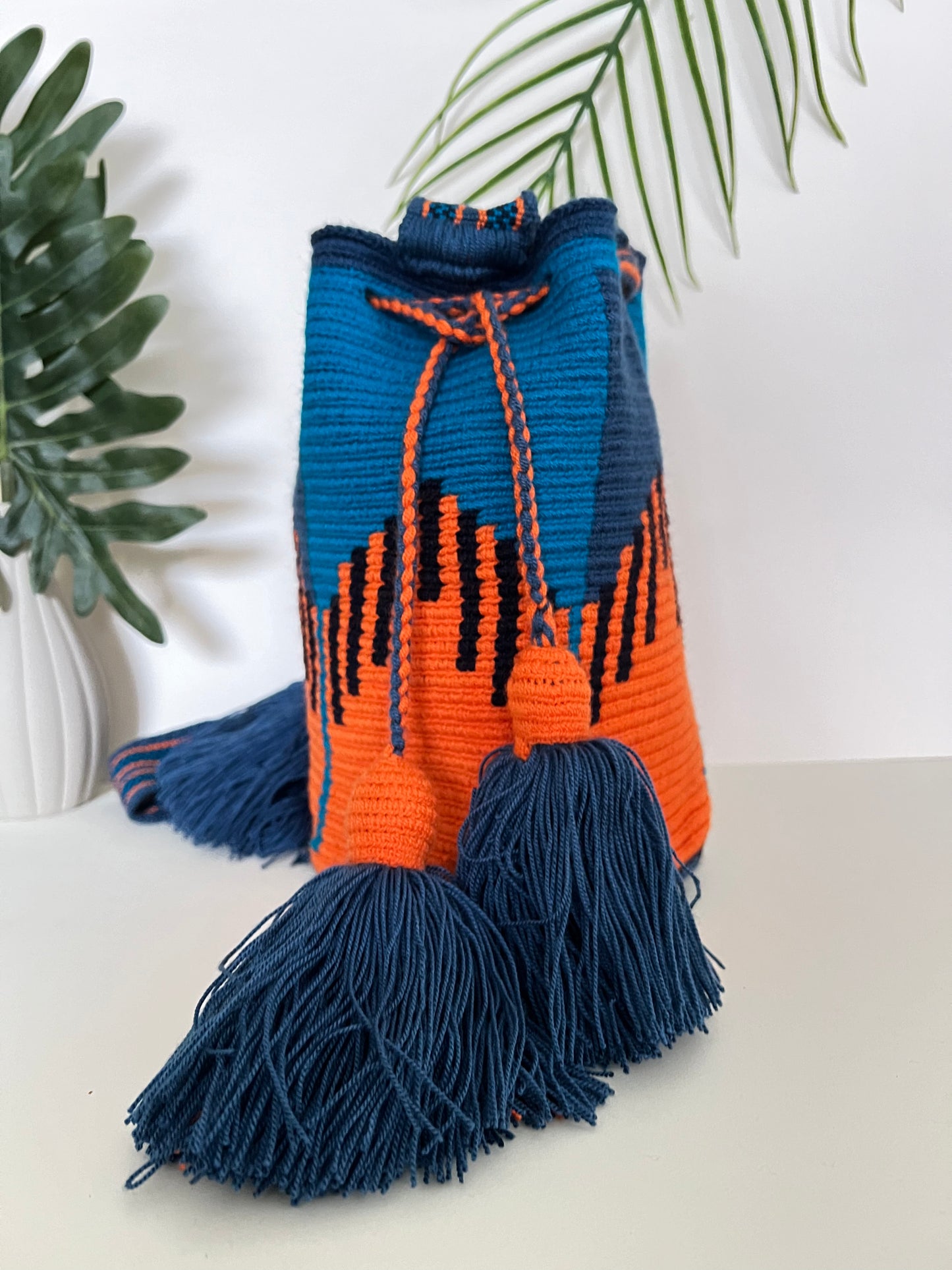 Blue & Orange Geometric Pattern Bucket Bag