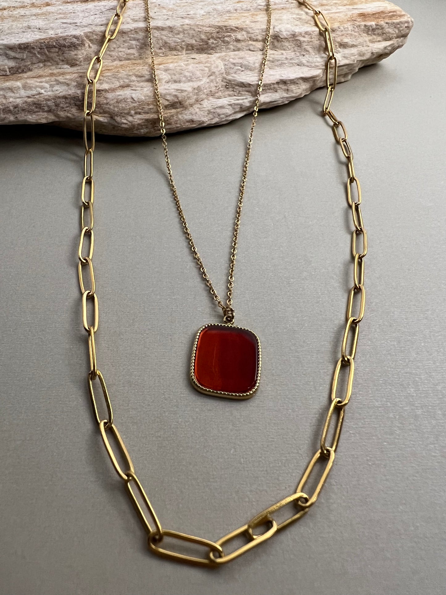 Red Stone Pendant Layered Necklace