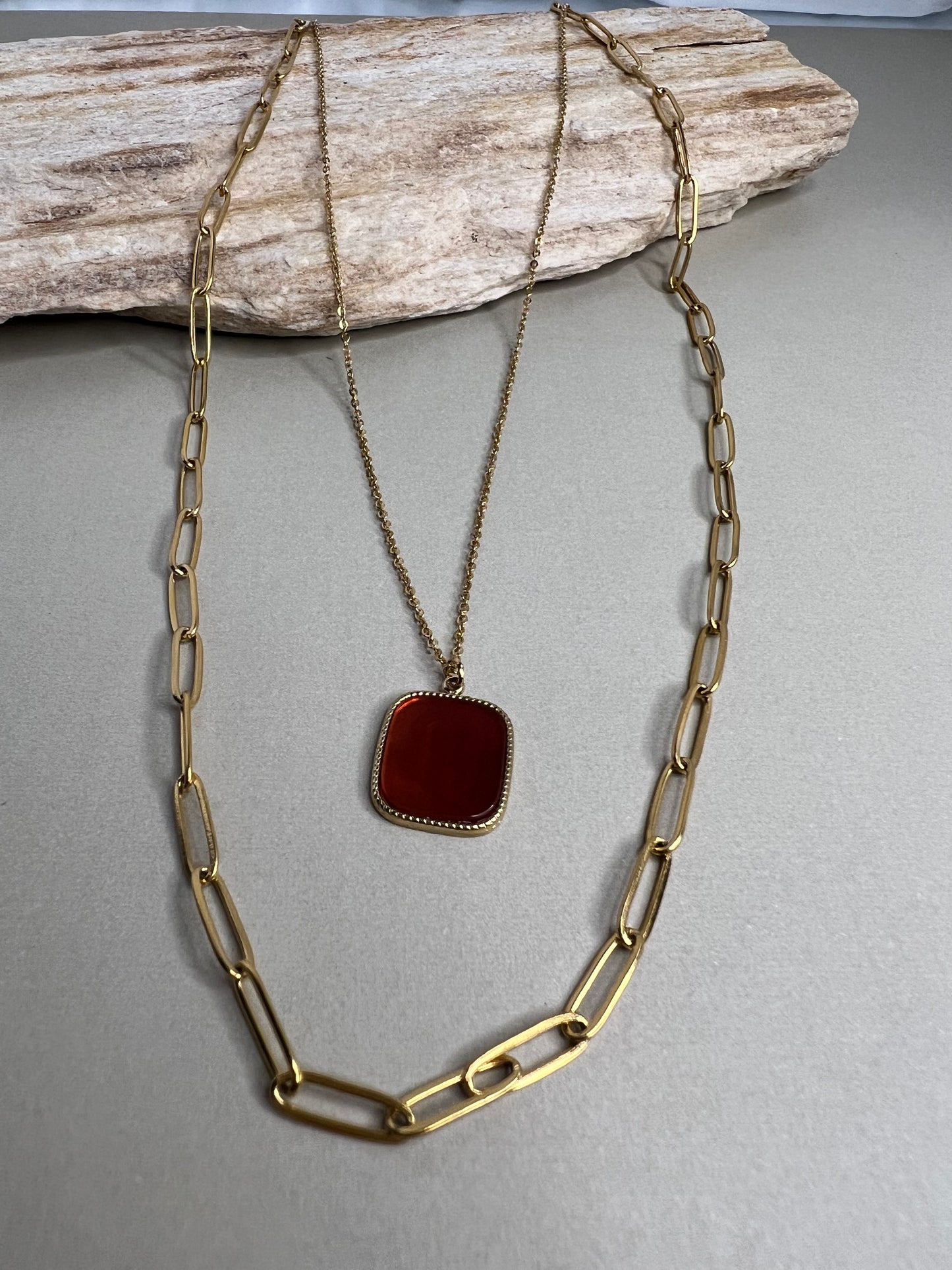 Red Stone Pendant Layered Necklace