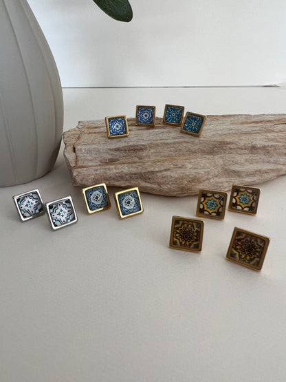 Greek-Inspired Tile Square Stud Earrings