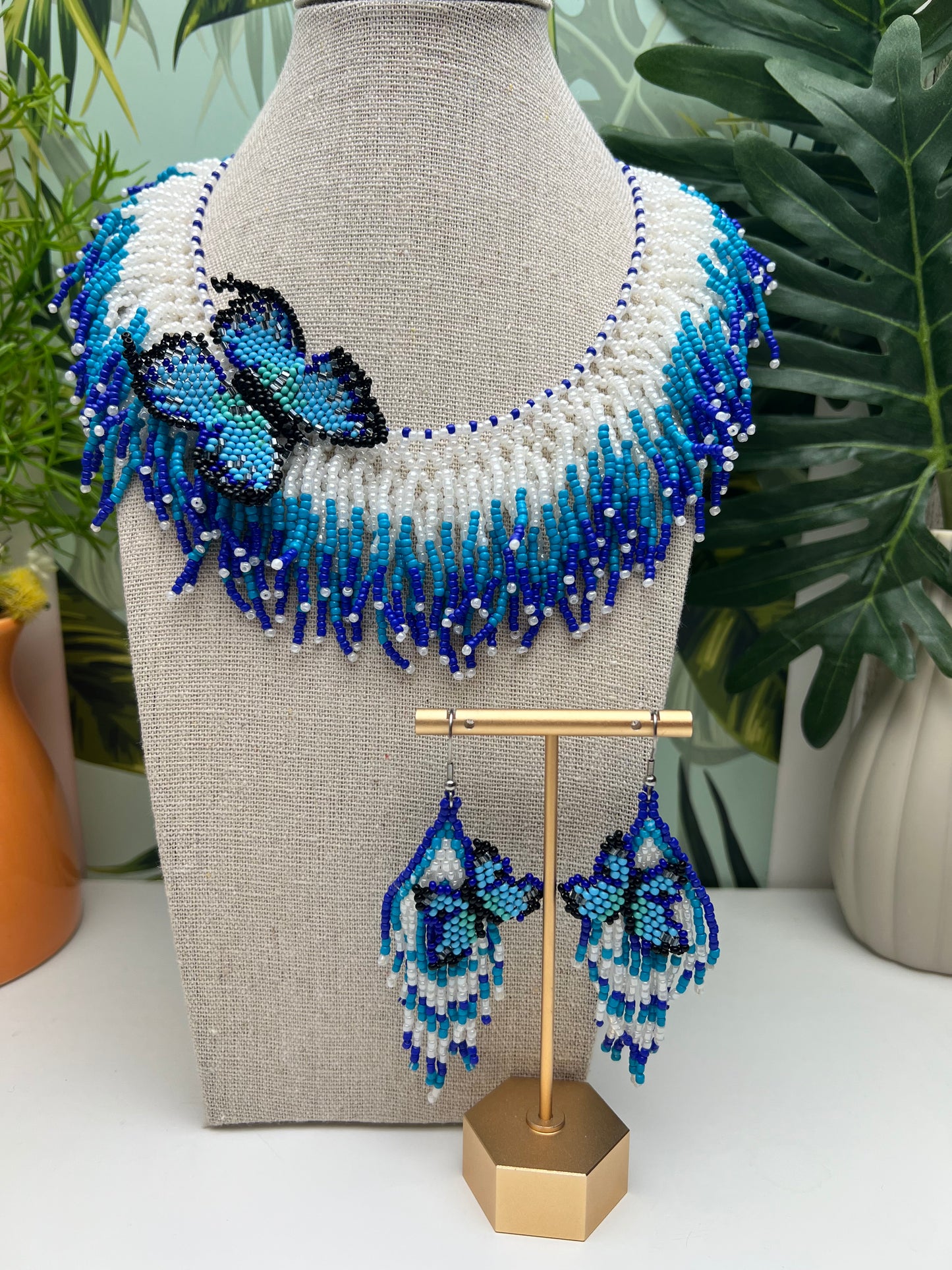 Blue Beaded Butterfly Necklace Set