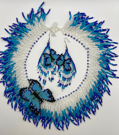 Blue Beaded Butterfly Necklace Set